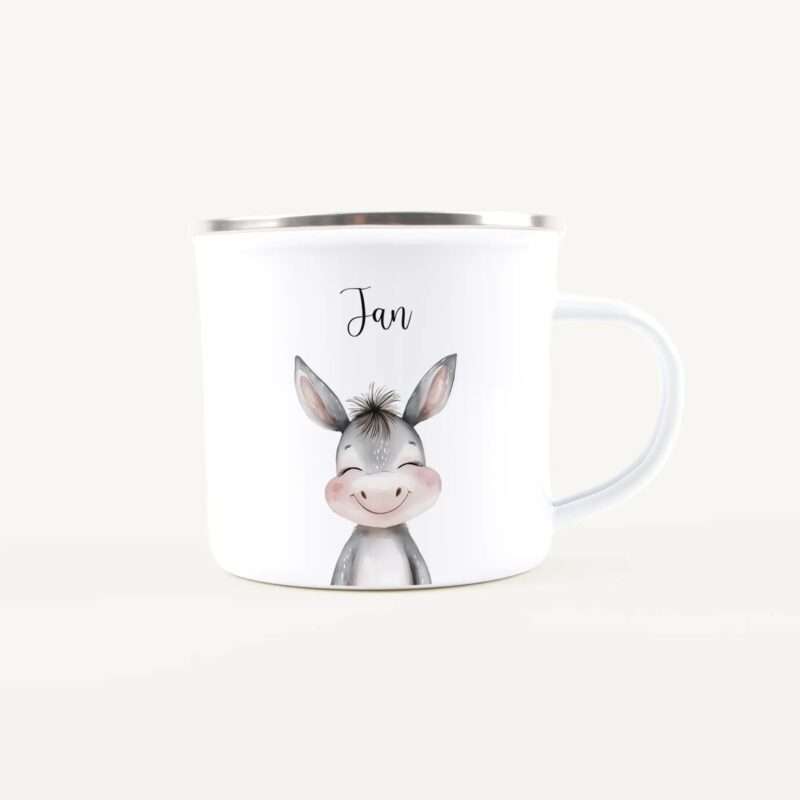 White ceramic mug with a cute gray donkey illustration and the name 'Jan' in script on its side, handle on the right.