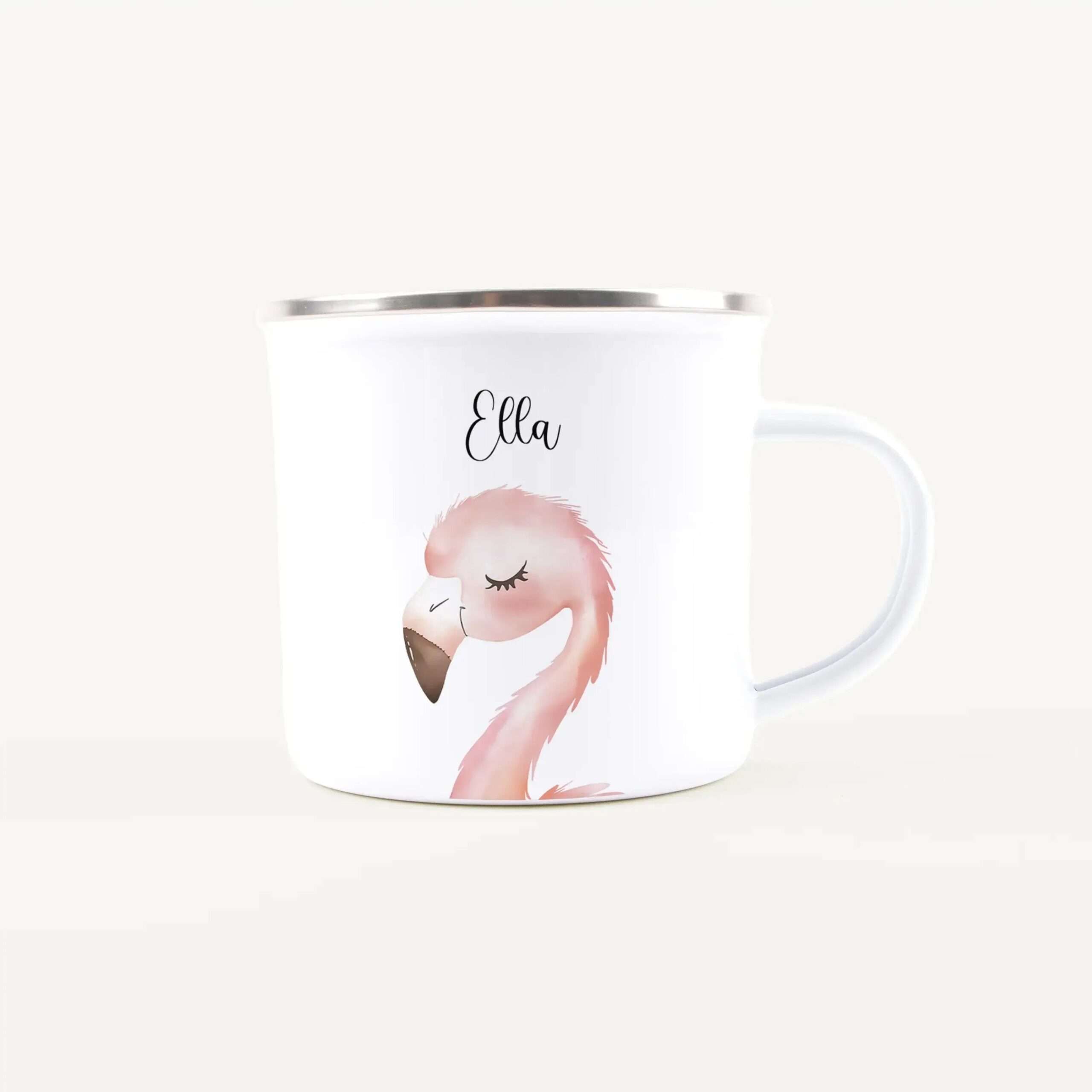 White ceramic mug featuring a pink baby flamingo illustration and the name Ella in script.