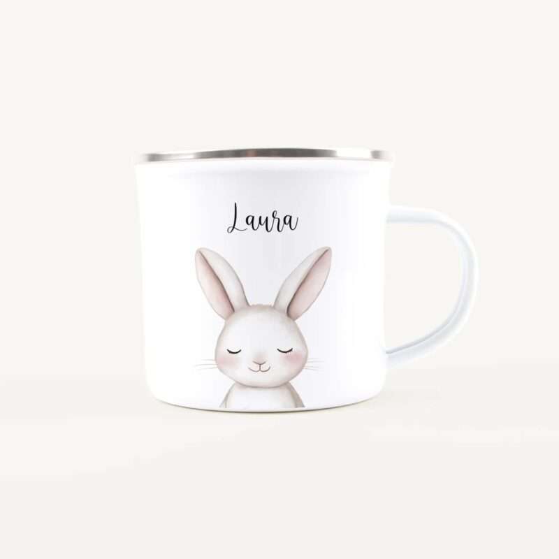 White ceramic mug featuring a sleeping bunny illustration and the name Laura printed on it.