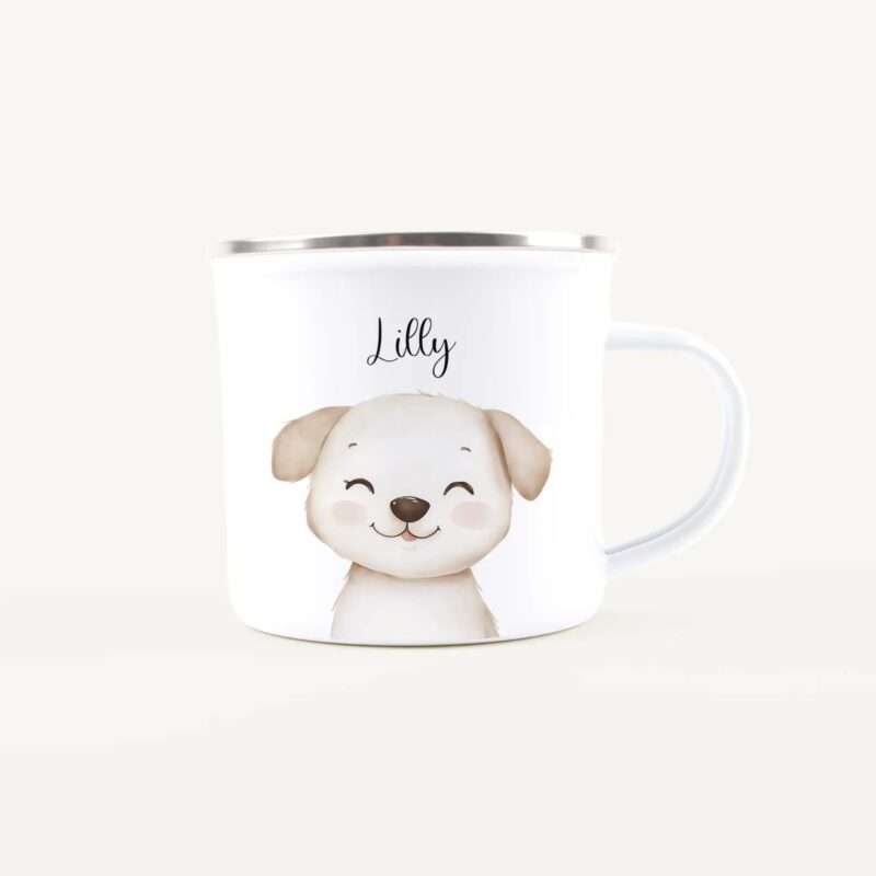 White mug featuring a cute illustrated dog face and the name Lilly printed on it.