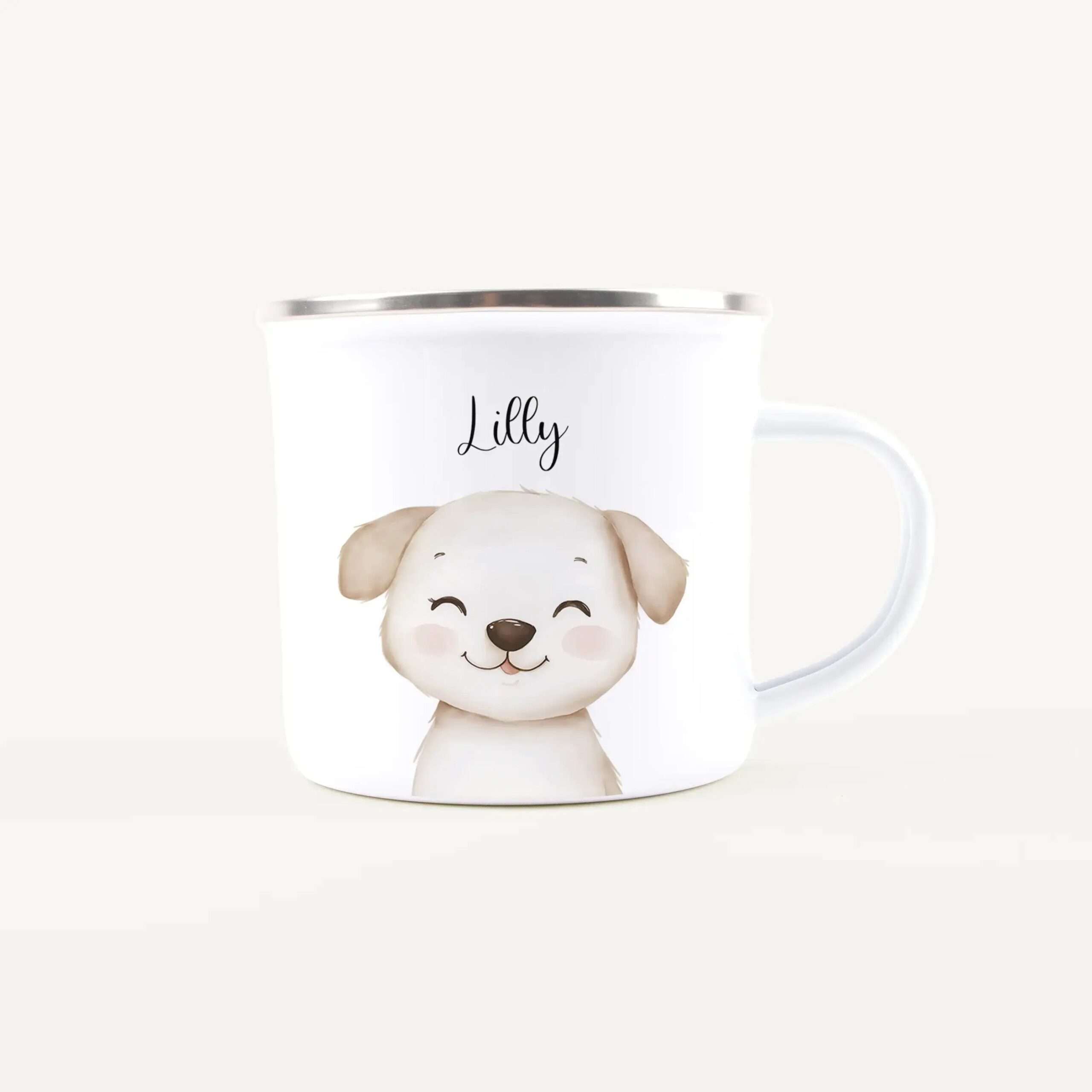 White mug featuring a cute illustrated dog face and the name Lilly printed on it.