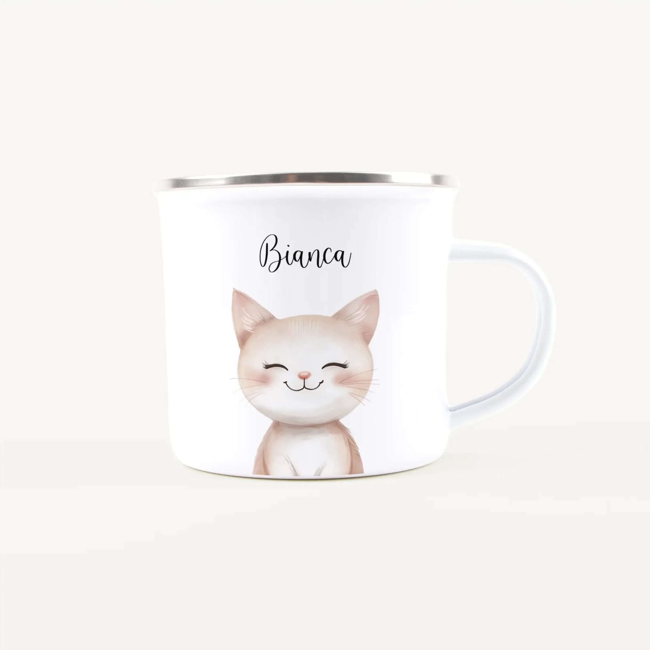 White ceramic mug with a cute cat illustration and the name Bianca visible on the front (partial view).