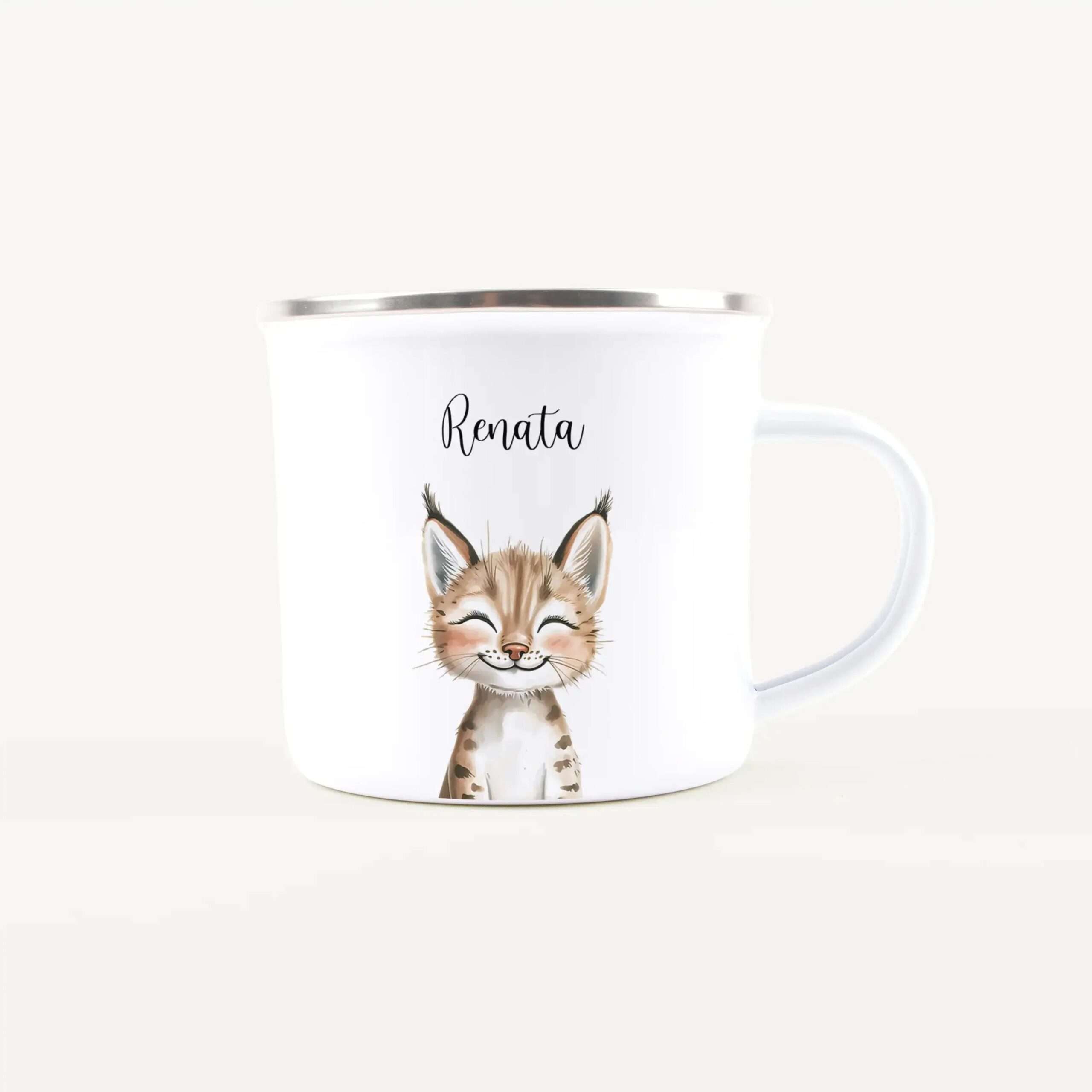 White ceramic mug with a silver rim, featuring a cute fox illustration and the name ‘Renata’ printed on its side.
