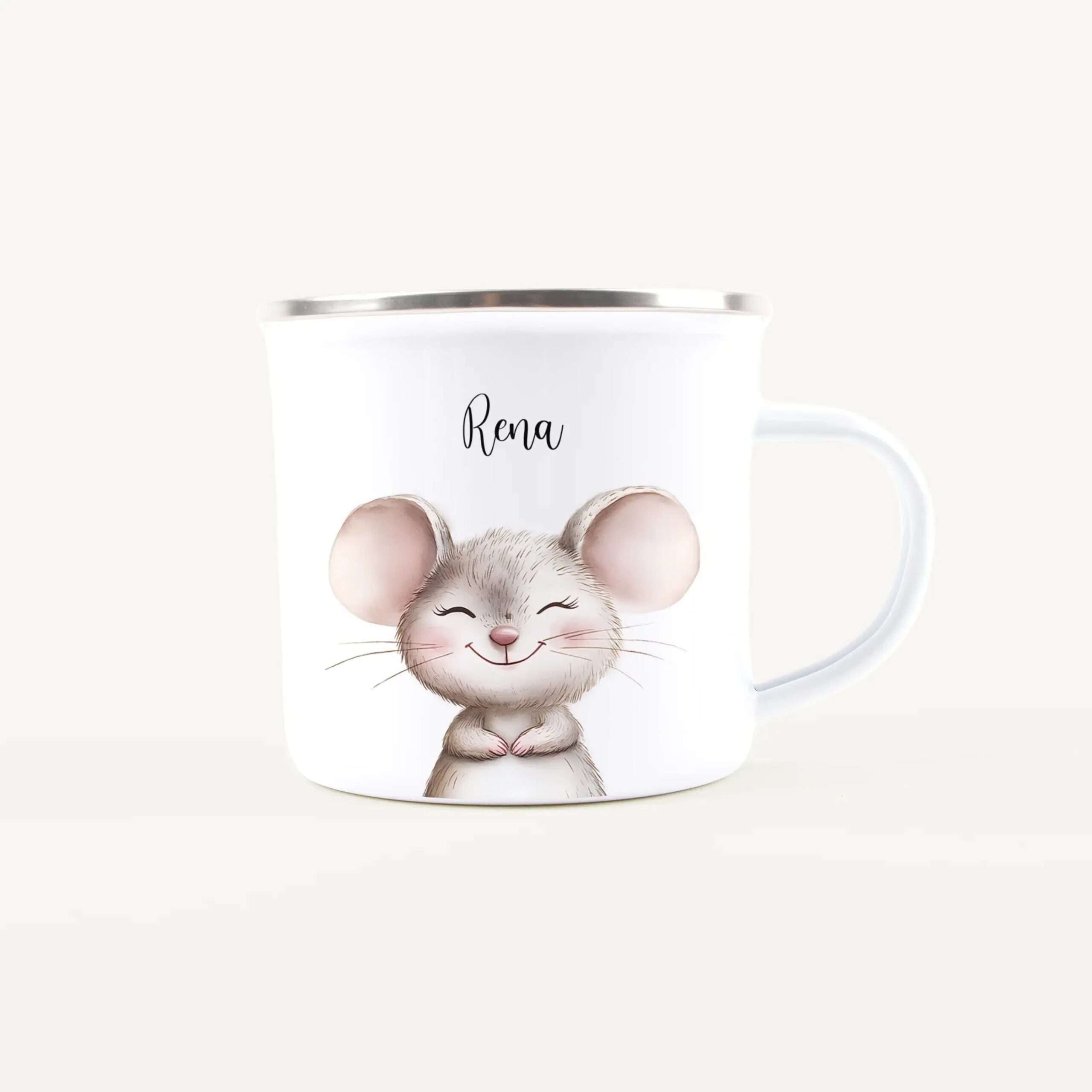 White ceramic mug featuring a cute, smiling cartoon mouse illustration and the name 'Rena' above it