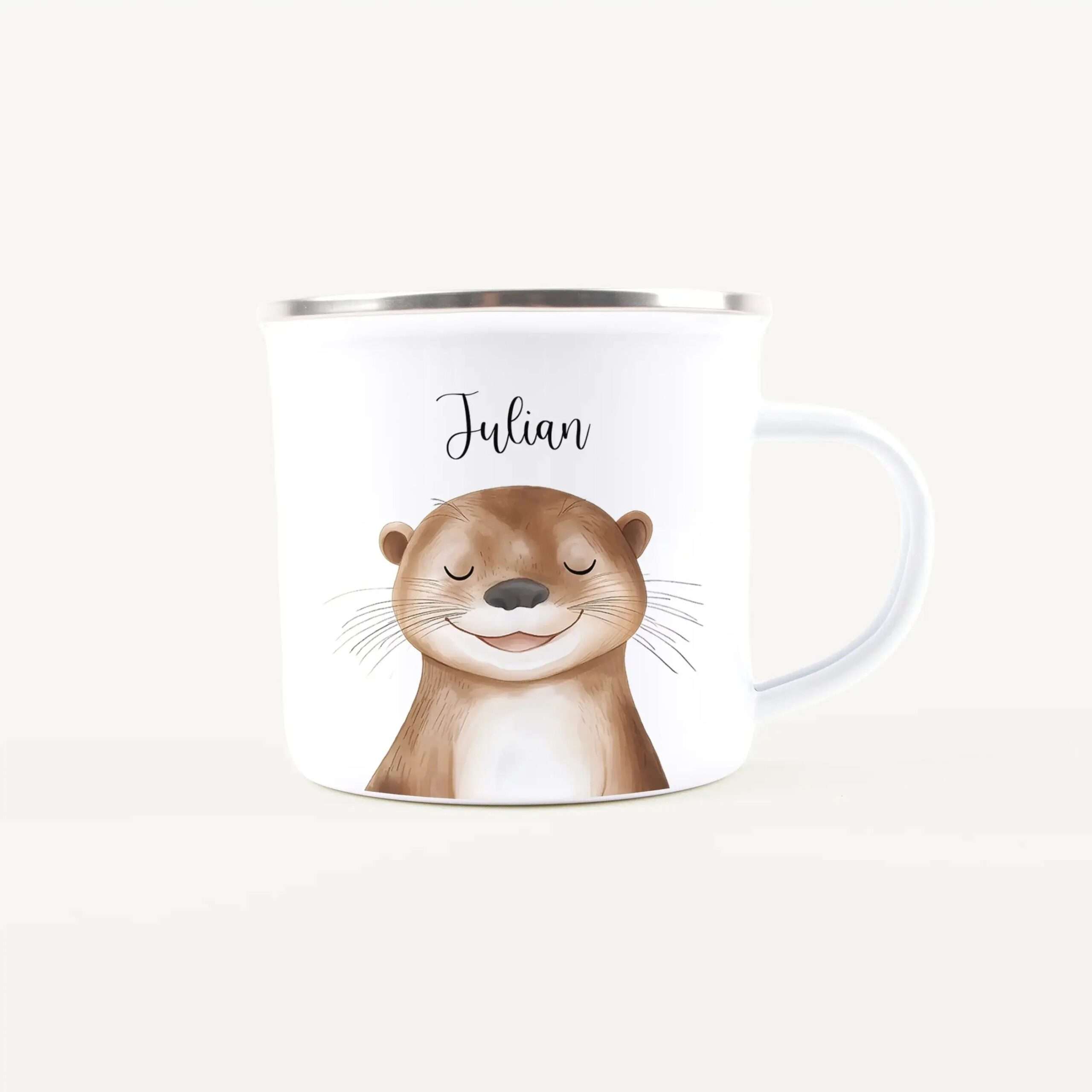 White ceramic mug with a silver rim, featuring a sleeping baby koala illustration and the name Julian.