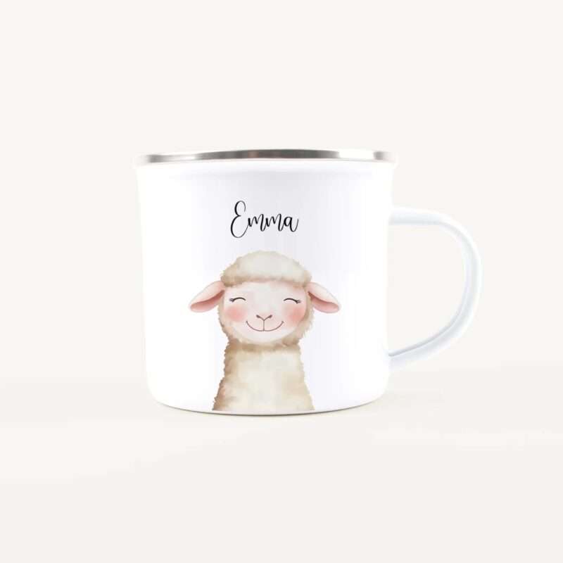 White ceramic mug with a cute cartoon sheep and the name Emma; silver rim visible at the top and the handle on the right side.