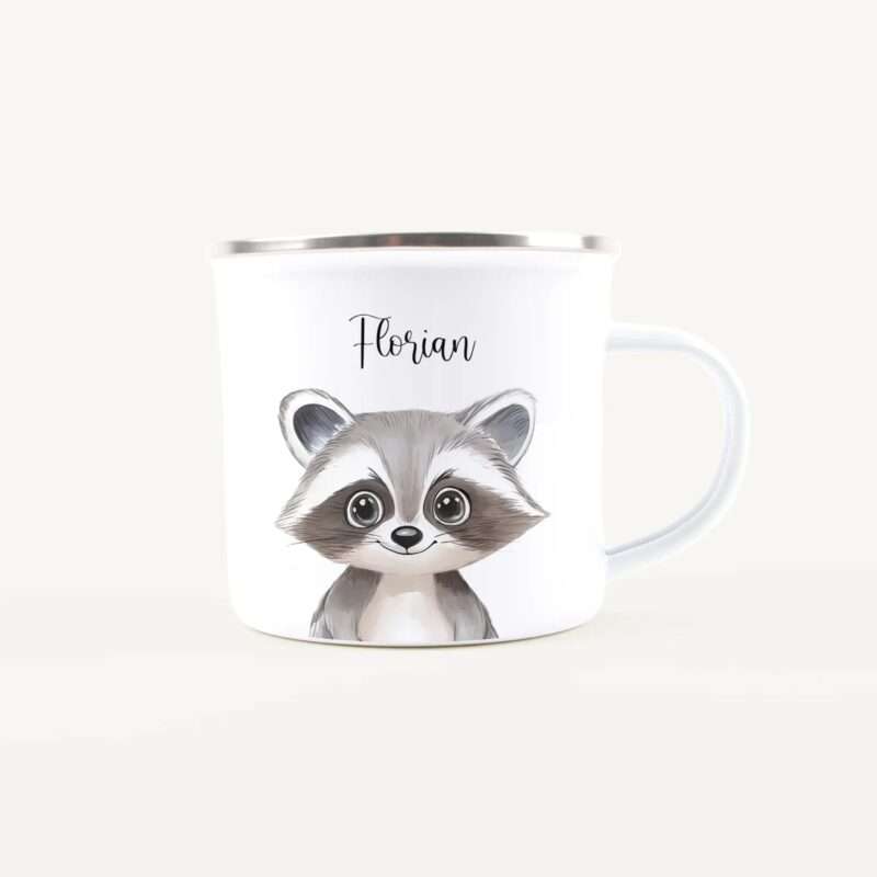 White mug with a silver rim featuring a cute raccoon illustration and the name Florian.