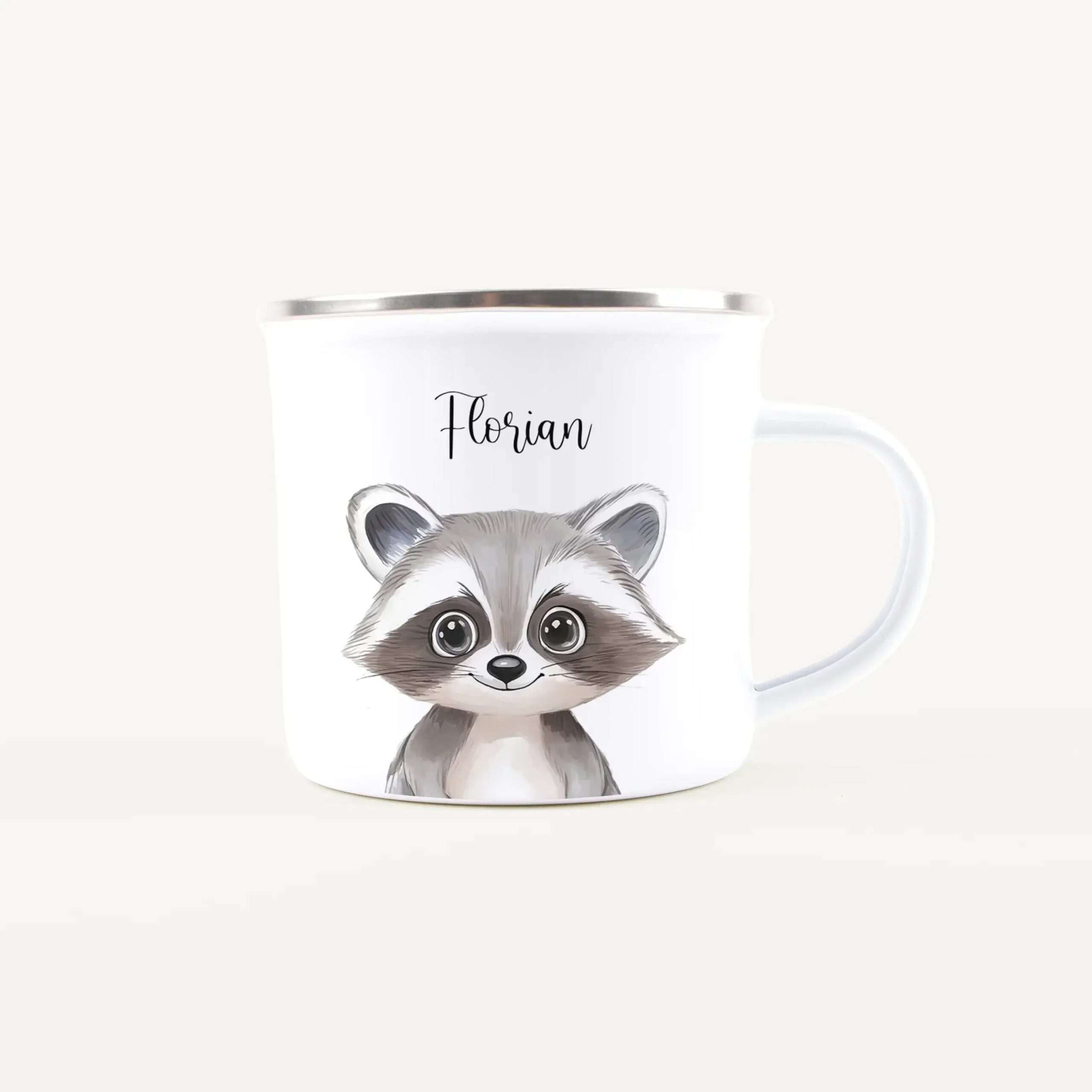 White mug with a silver rim featuring a cute raccoon illustration and the name Florian.
