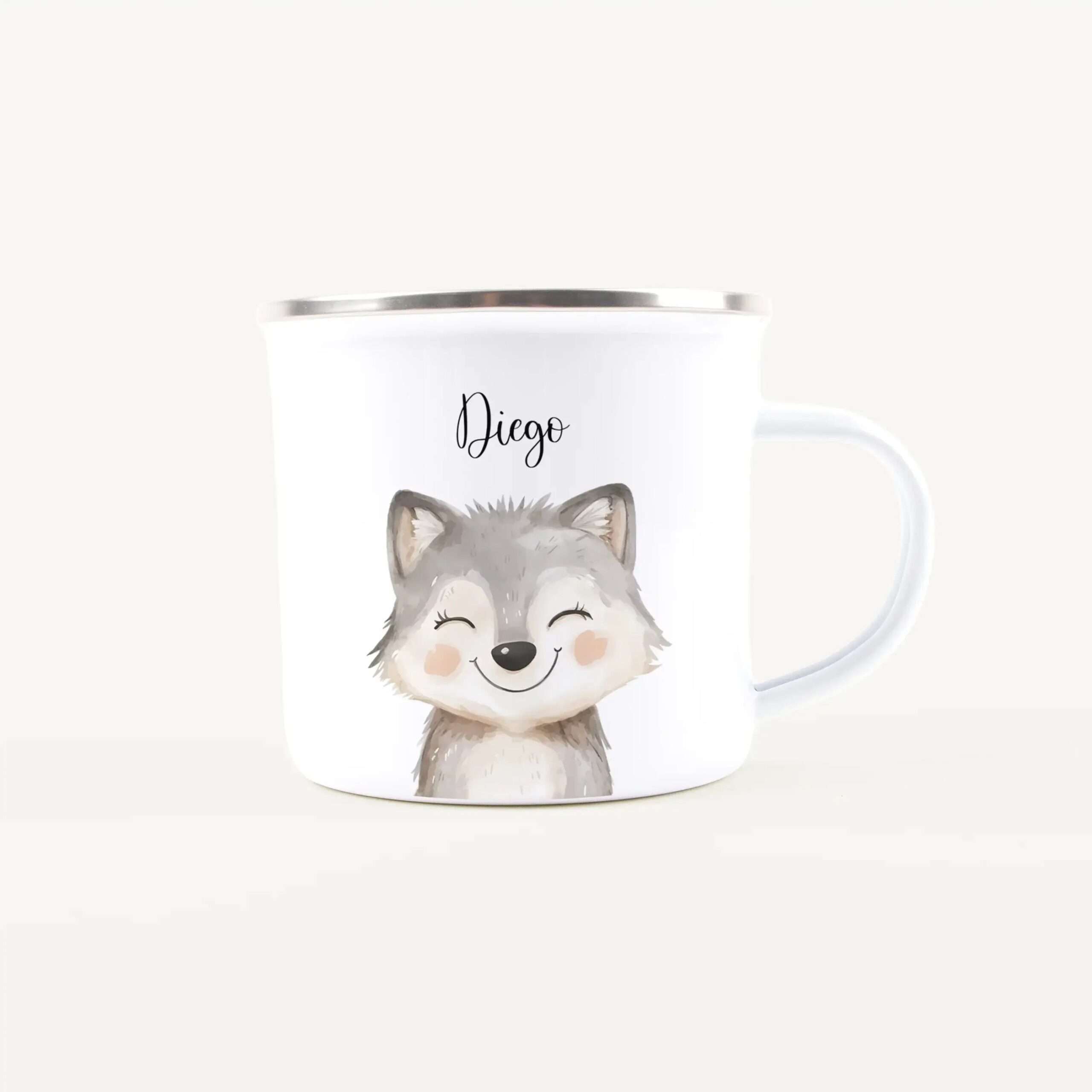 White ceramic mug with a silver rim, featuring a cute gray dog illustration and the name 'Diego' visible on the side