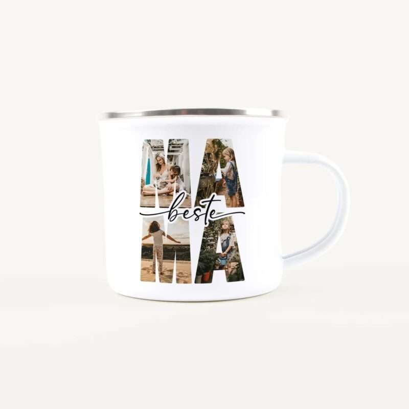 White mug with a collage of photos forming the word 'best' and a metallic rim visible at the top.
