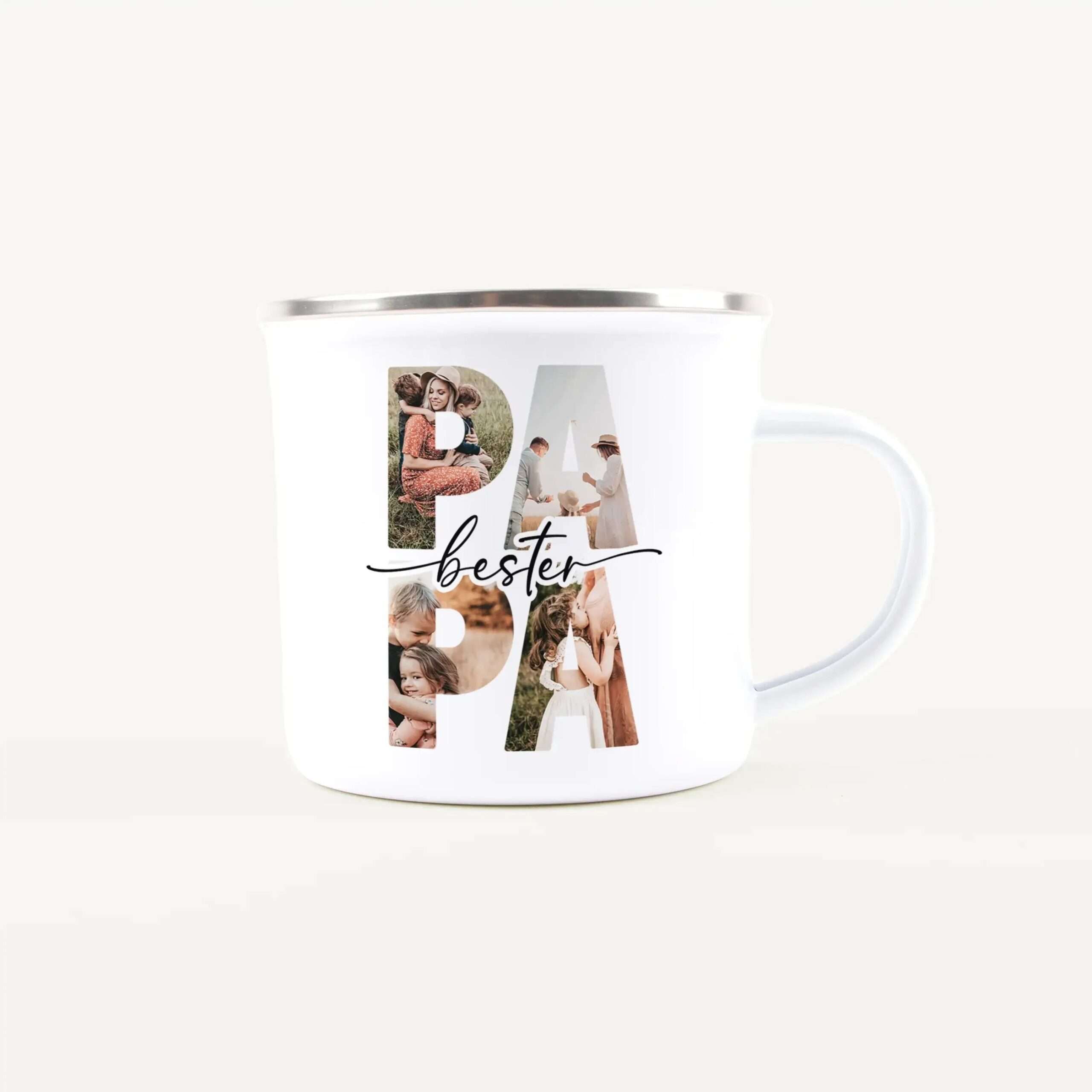 White ceramic mug with a photo collage forming the word 'Dad' and a cursive 'best' message, showing loving family scenes.