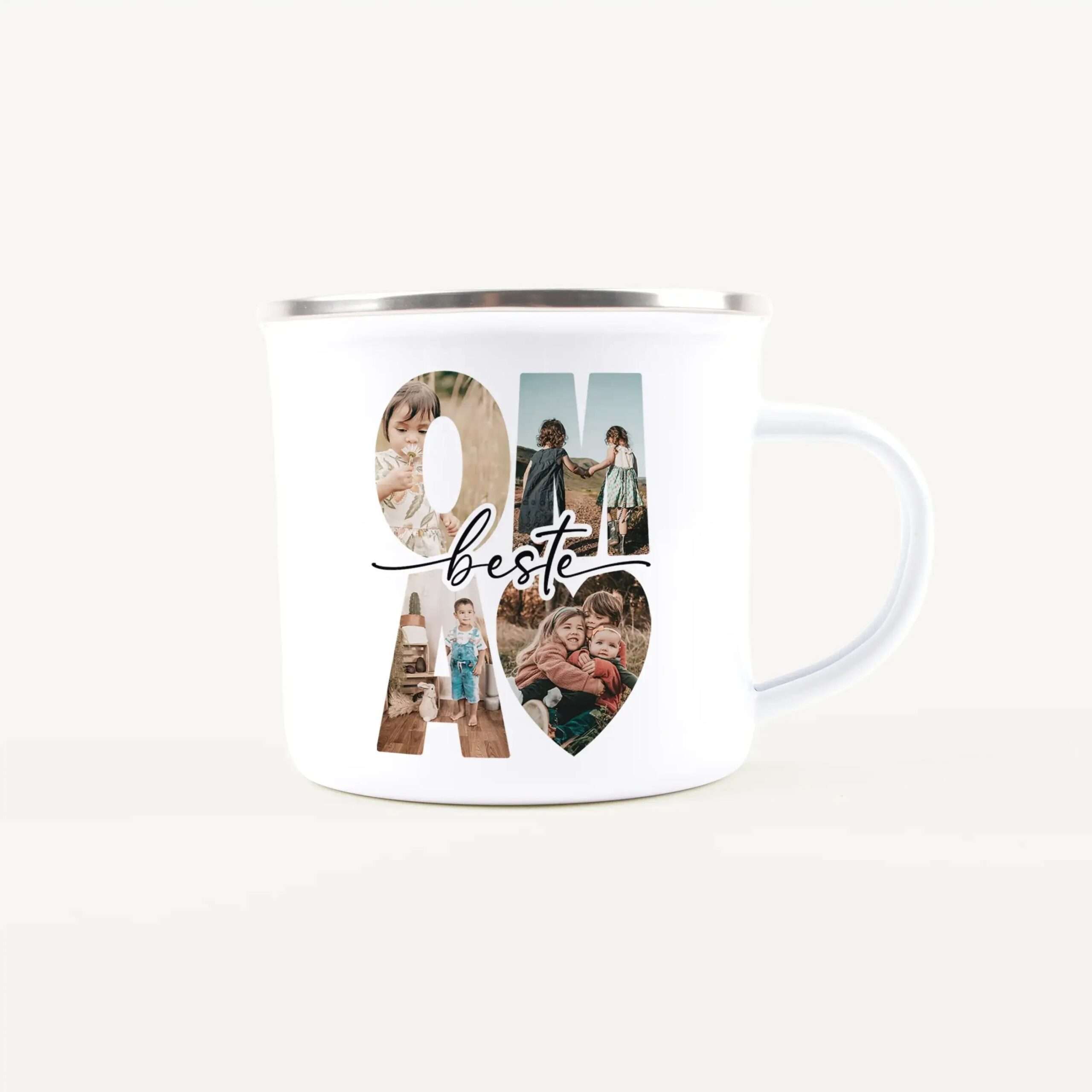 White ceramic mug featuring a photo collage arranged to spell the word 'best', showcasing children and family images.