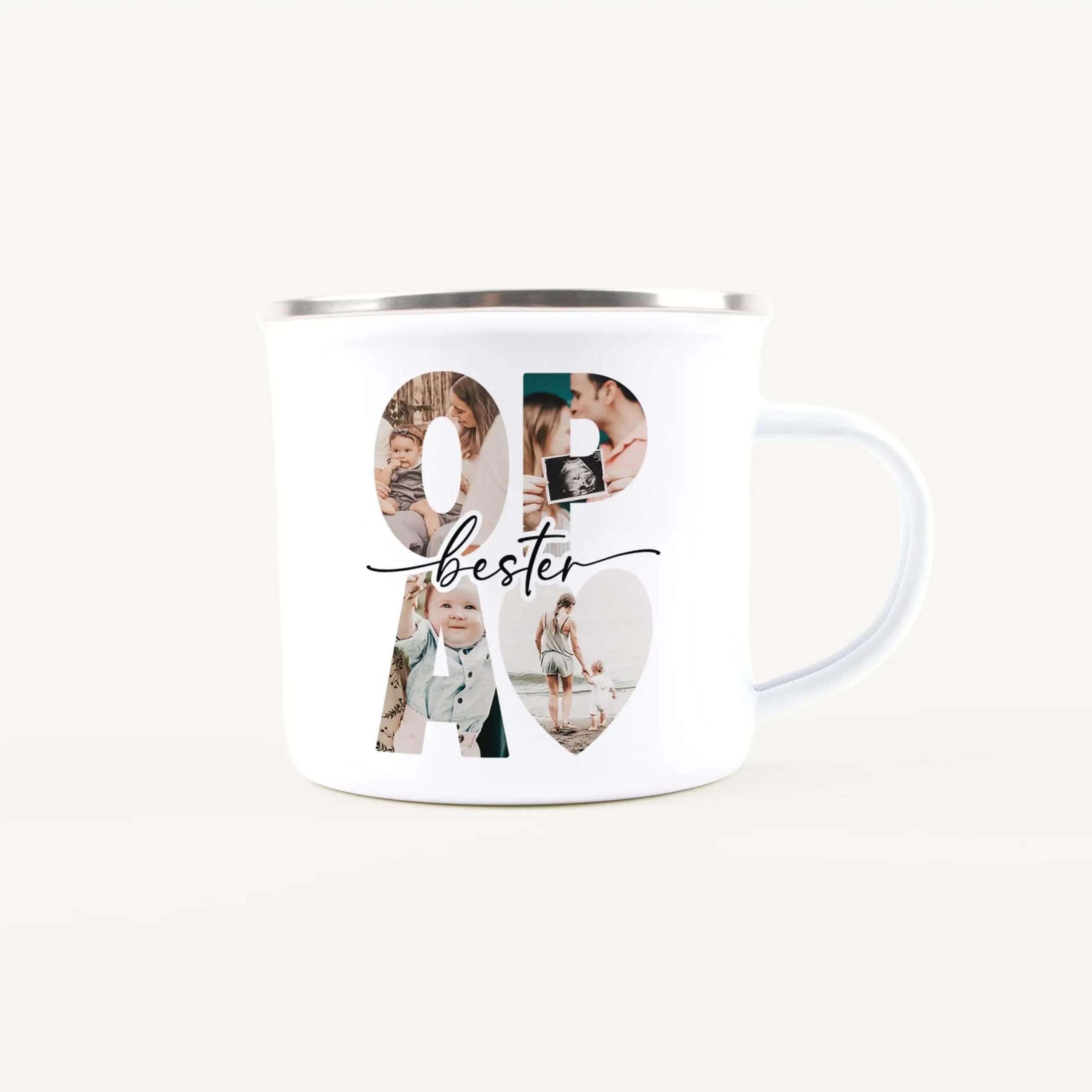 White ceramic mug with a photo-collage design forming letters on its side, metal rim visible at the top, handle on the right side