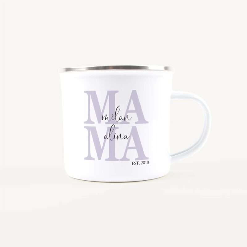 White ceramic mug with a silver rim, showing a lavender 'MIA Milan' design on the side and a partial handle on the right (partial view).