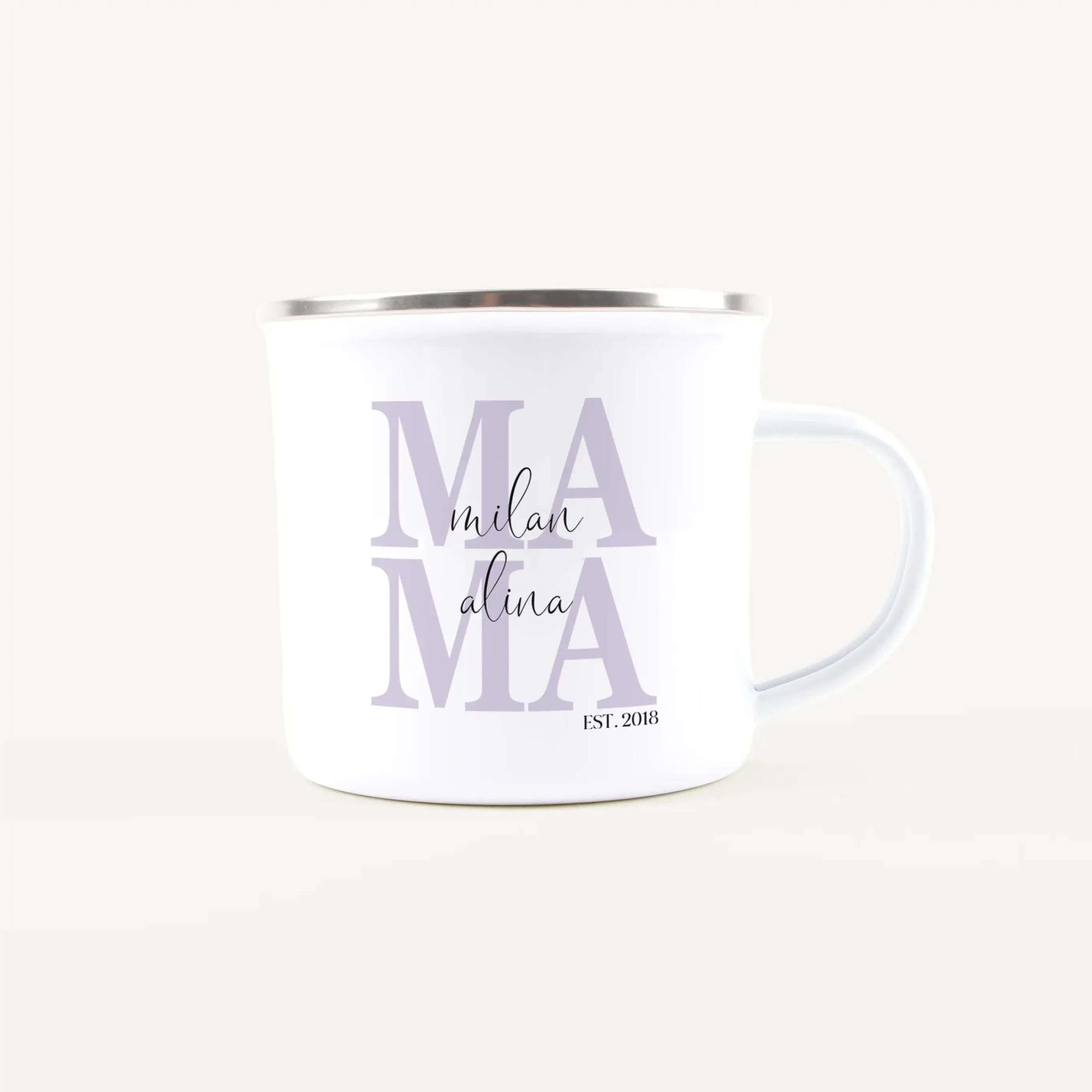 White ceramic mug with a silver rim, showing a lavender 'MIA Milan' design on the side and a partial handle on the right (partial view).