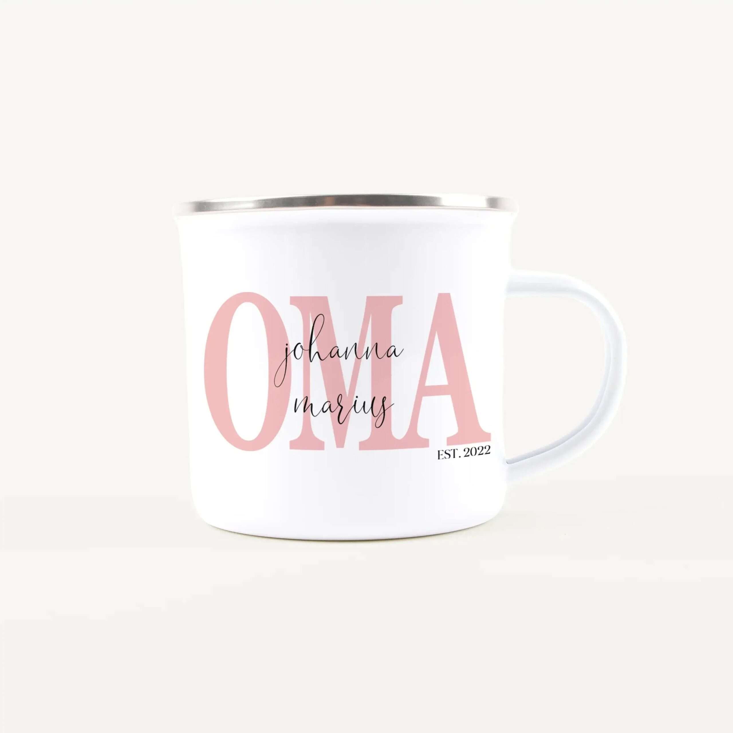 White ceramic mug featuring large pink letters with a cursive name 'Johanna' across the front, likely a personalized design.