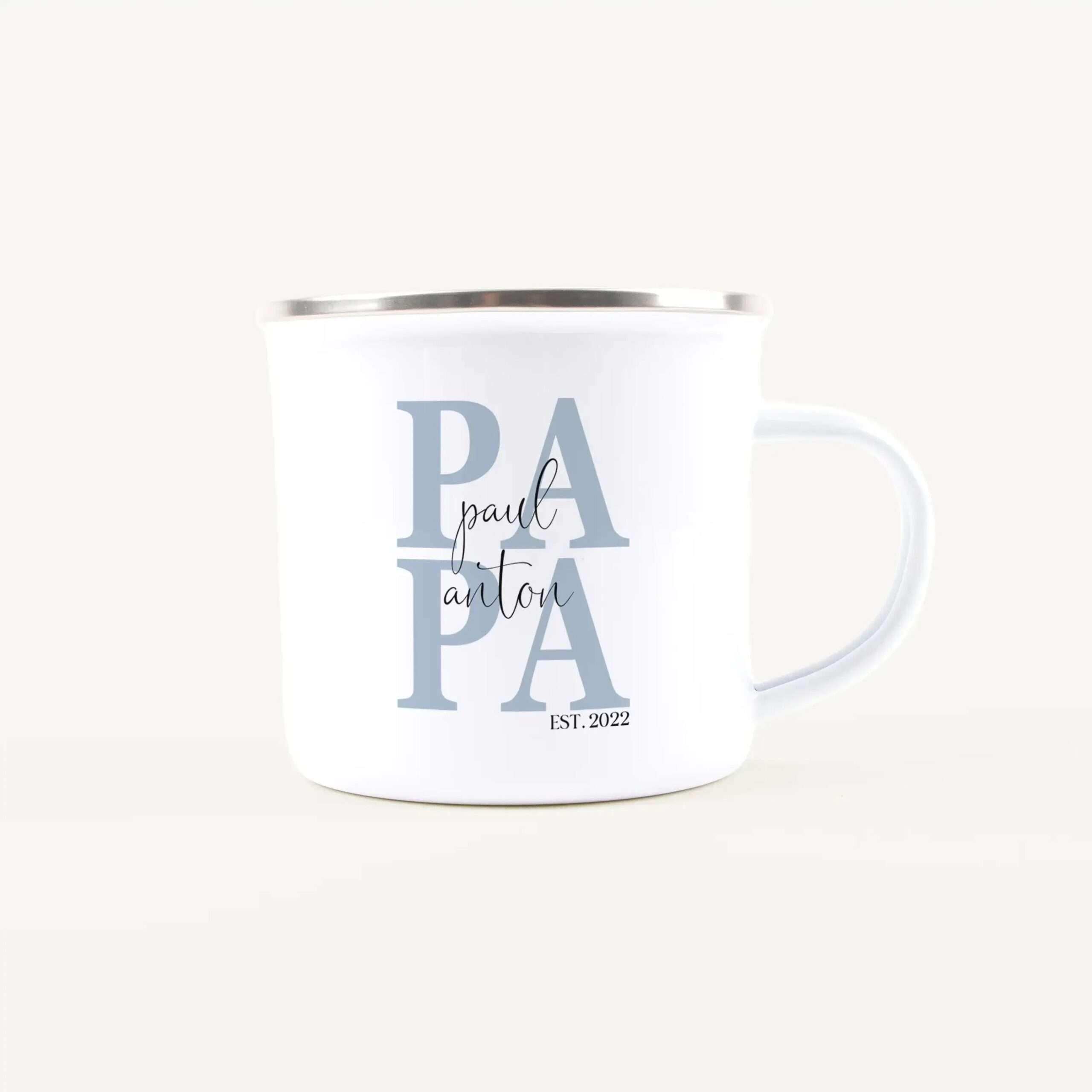 White ceramic mug displaying large blue 'DAD' letters with a cursive 'Papa' across the middle and 'EST. 2022' at the bottom.