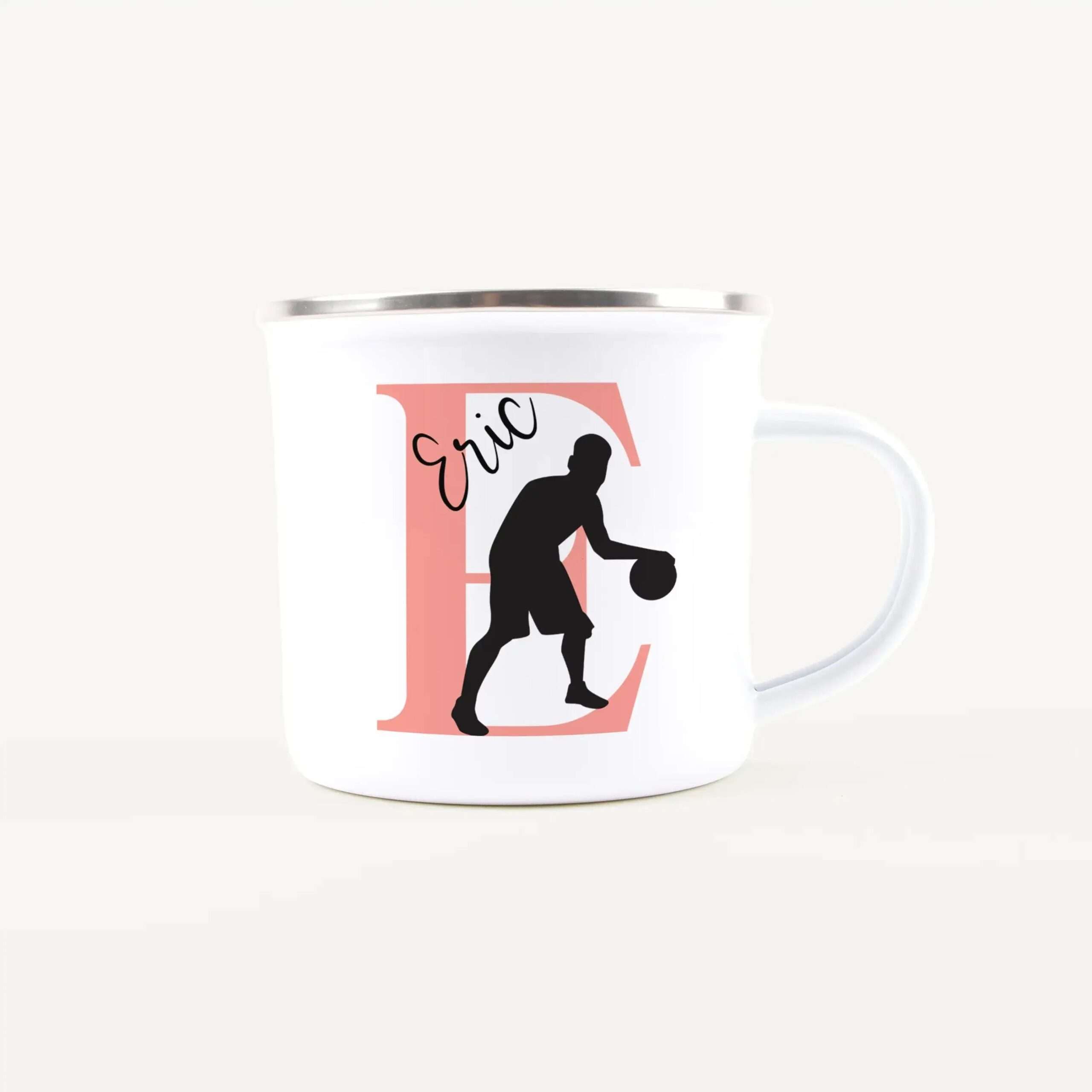 White mug with a pink rectangular graphic showing a black silhouette of a person holding a baby