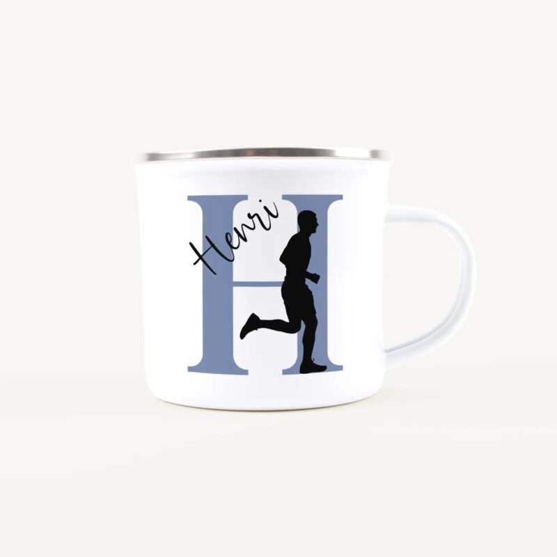 White ceramic mug with a blue poster-style illustration of a pregnant woman silhouette against large blue letterforms in the background.