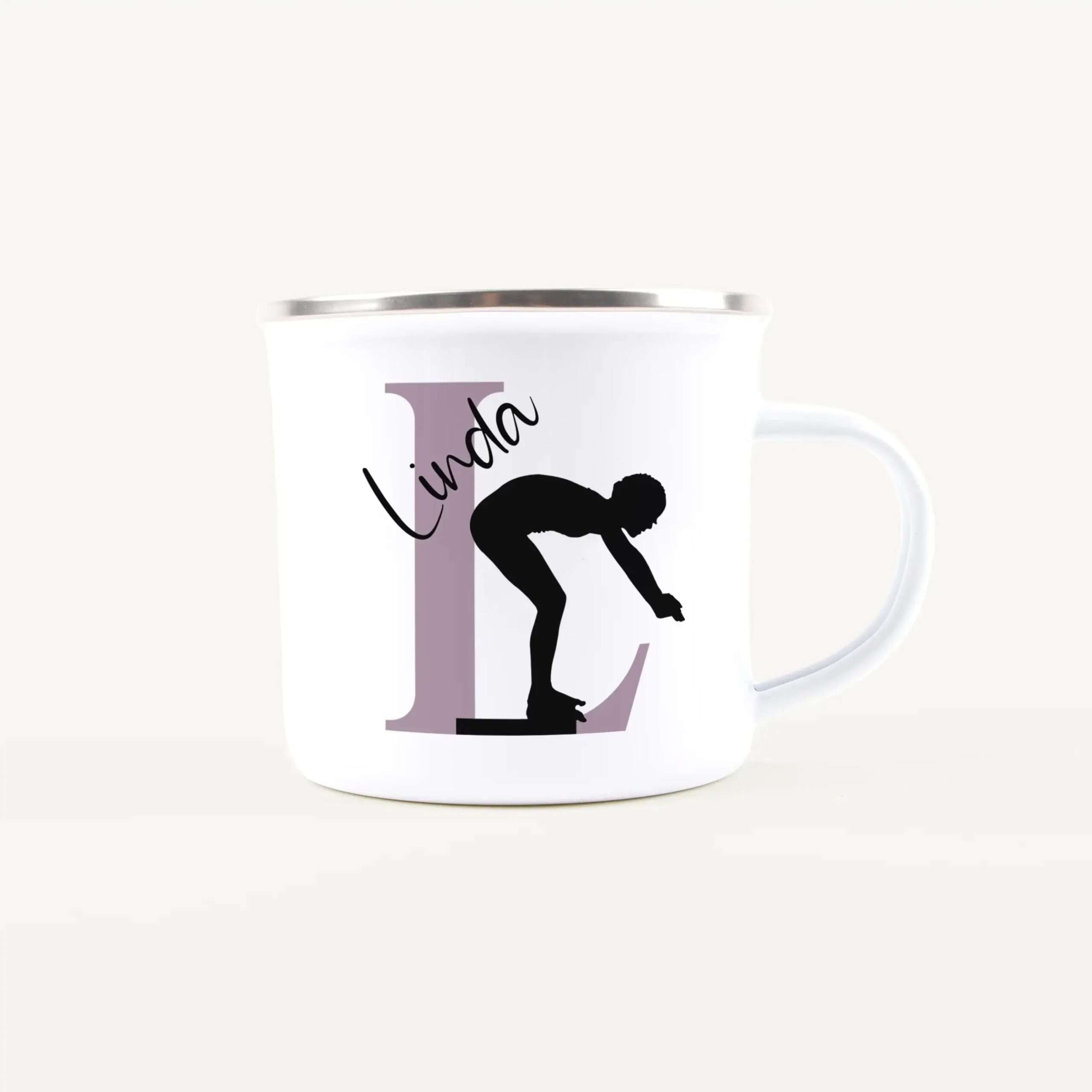 White ceramic mug showing a purple vertical stripe and a black running silhouette with cursive text beside it.