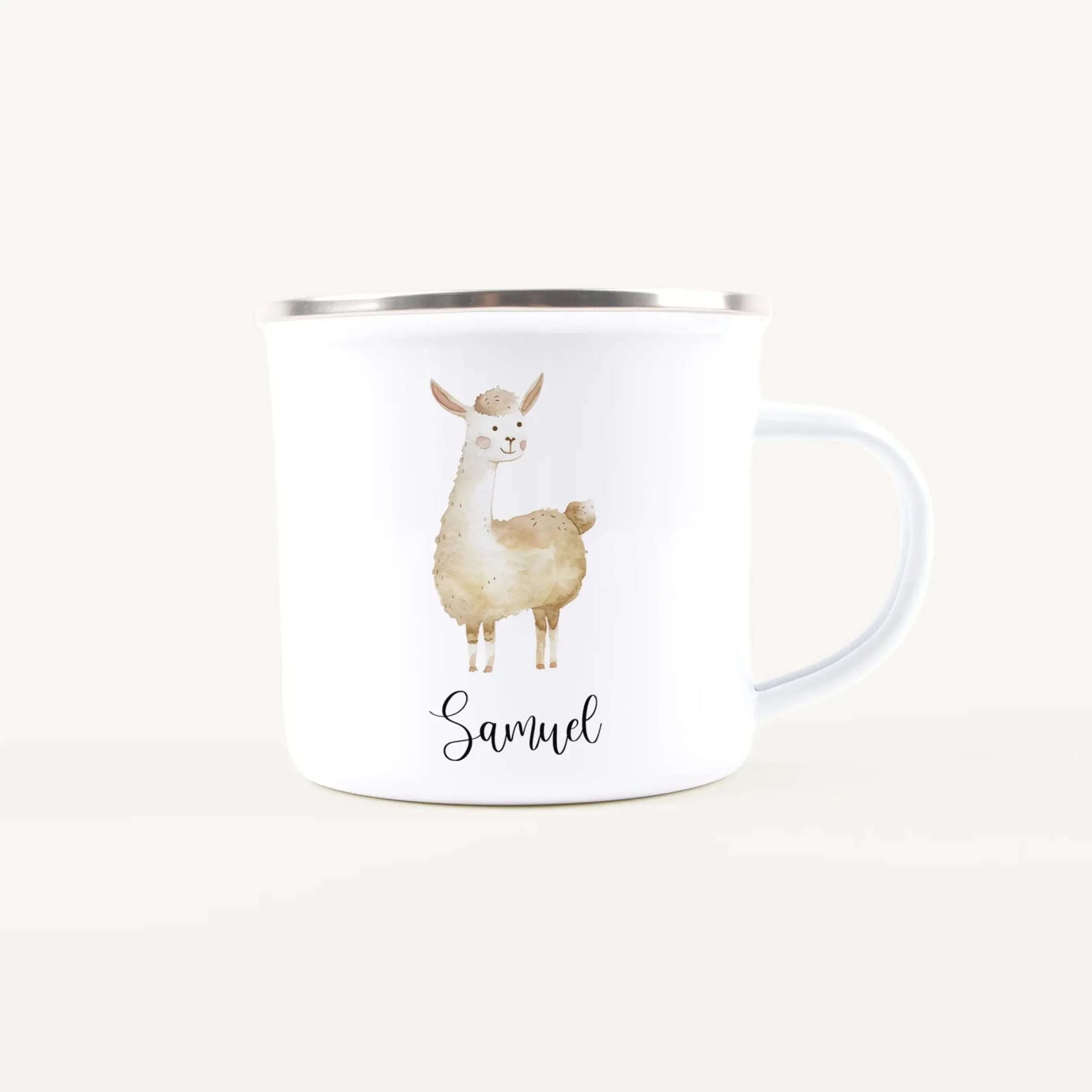 White ceramic mug with a watercolor llama illustration and the name Samuel on the front