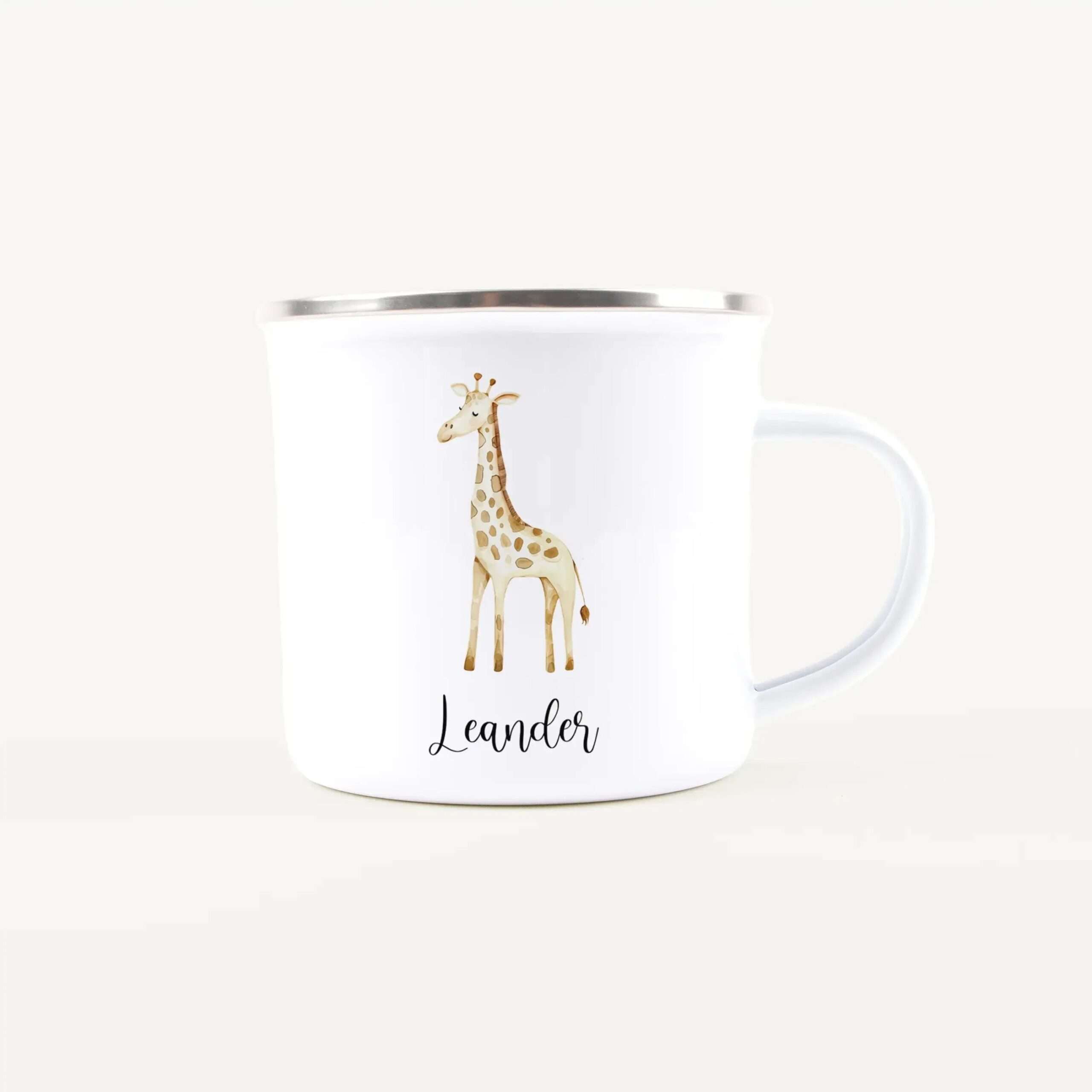 White ceramic mug with a cute giraffe illustration along its side, partial view of the handle visible on the right