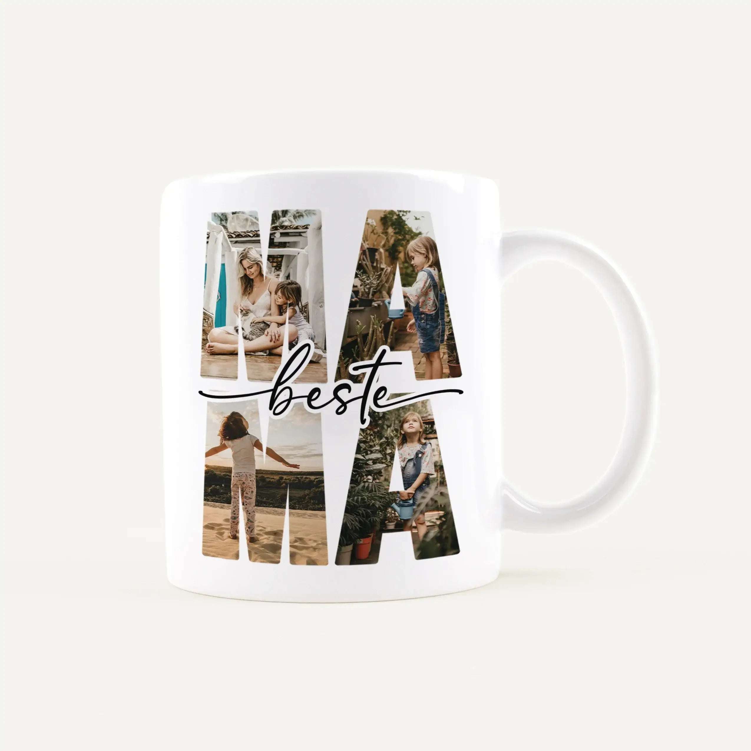 White mug featuring a collage of photos arranged to form the word 'best' in script.