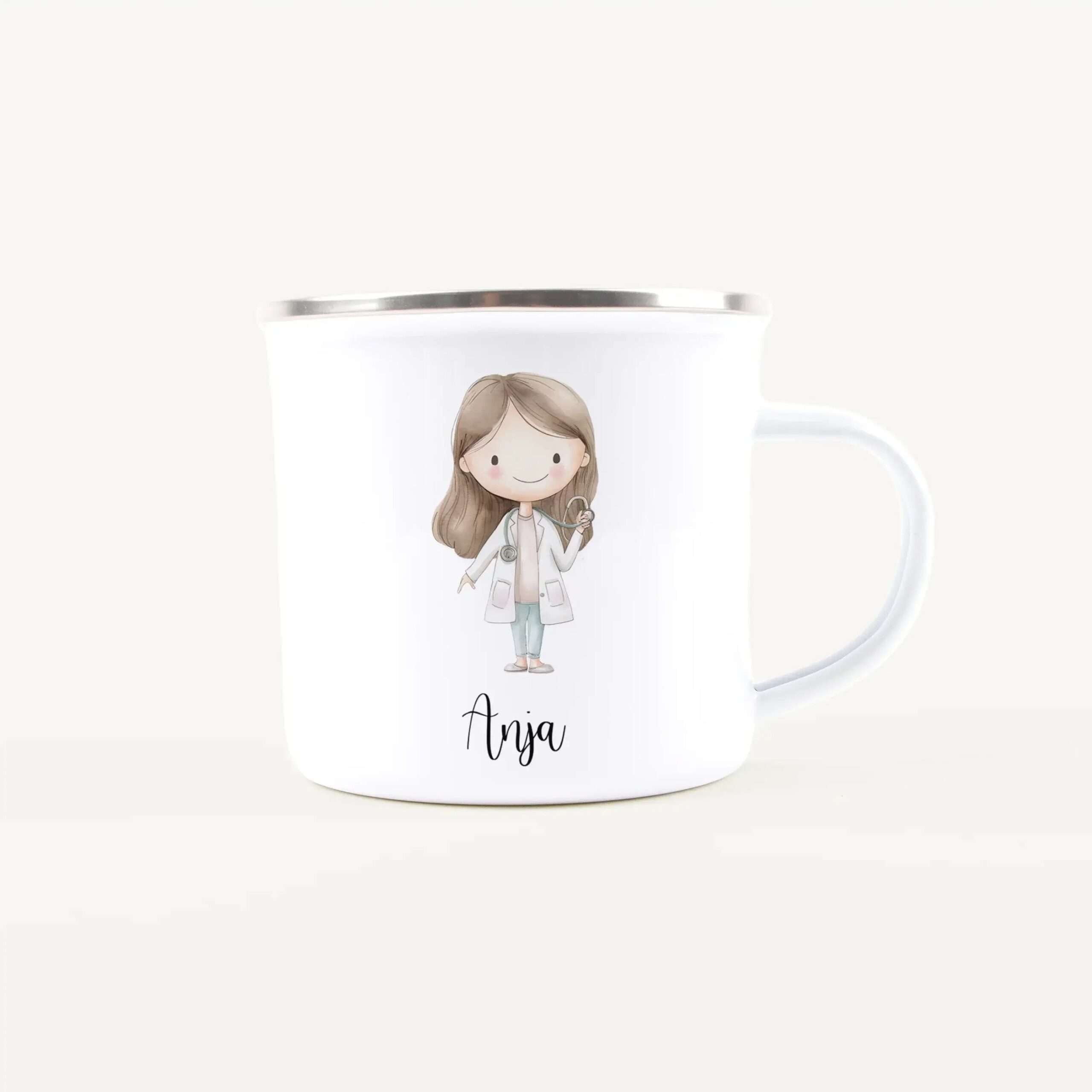 White mug featuring a cute cartoon female doctor holding a stethoscope and the name 'Anya' printed on it.