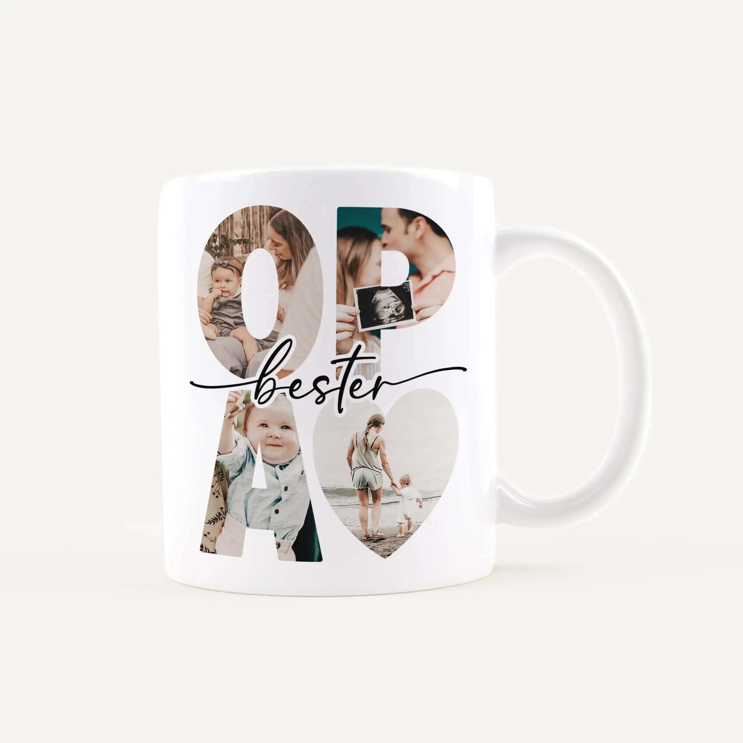 White ceramic mug featuring a collage of family photos arranged in large letters forming the word 'best'.