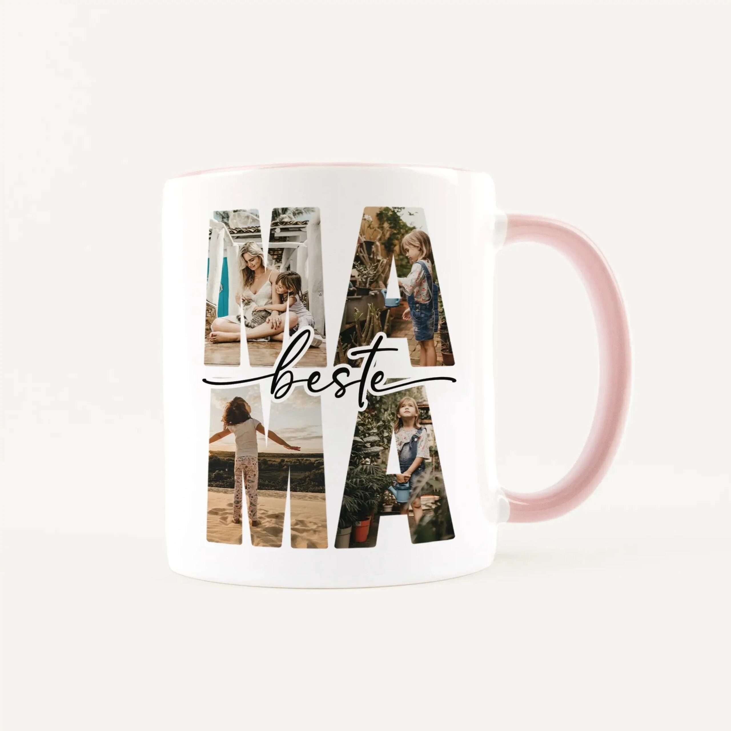 White ceramic mug featuring a collage of photos arranged to spell the word 'best' in cursive lettering across the front