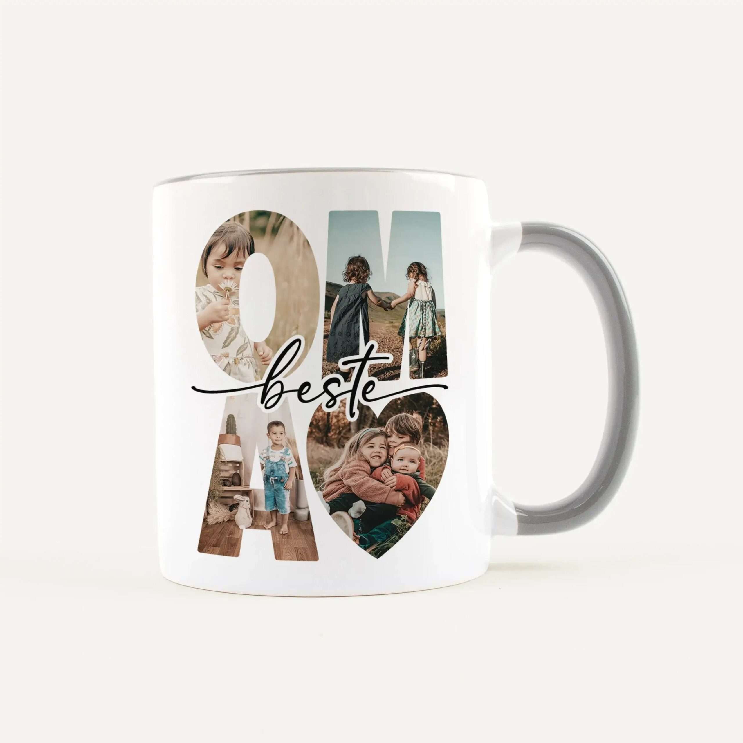 White ceramic mug with a collage of family photos forming the word 'best' in large letters, creating a decorative keepsake image.