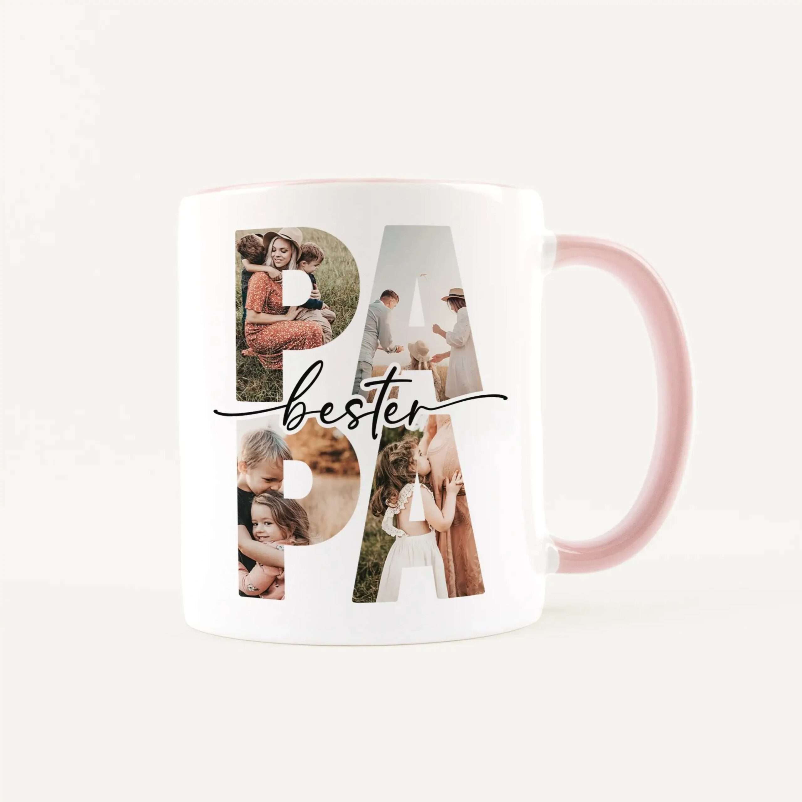 White mug with a photo-collage design forming large letters and a pink handle visible on the right.