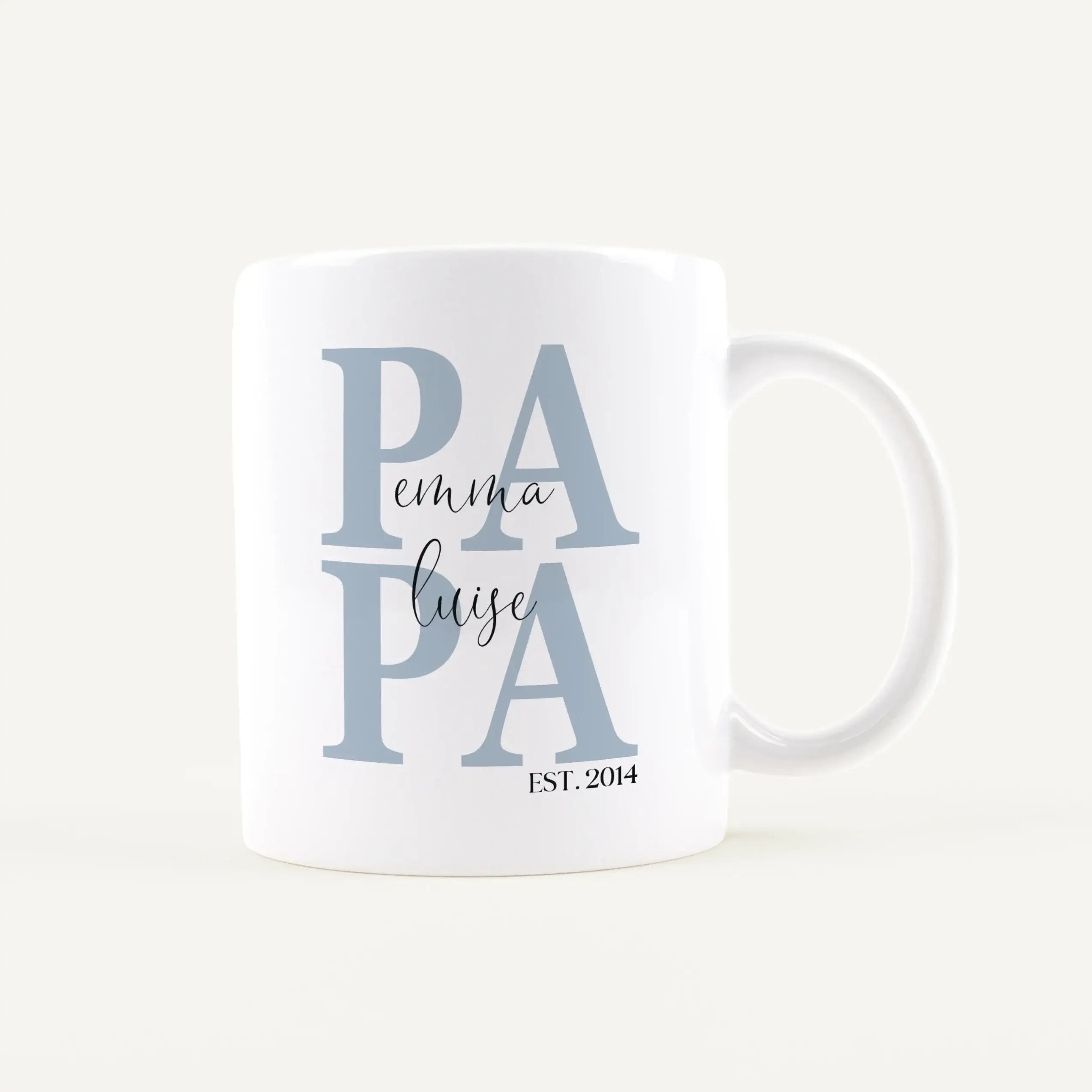 Close-up of a white mug with large pale blue initials 'PA' and the word 'Emma' in cursive, with 'EST. 2014' at the bottom.