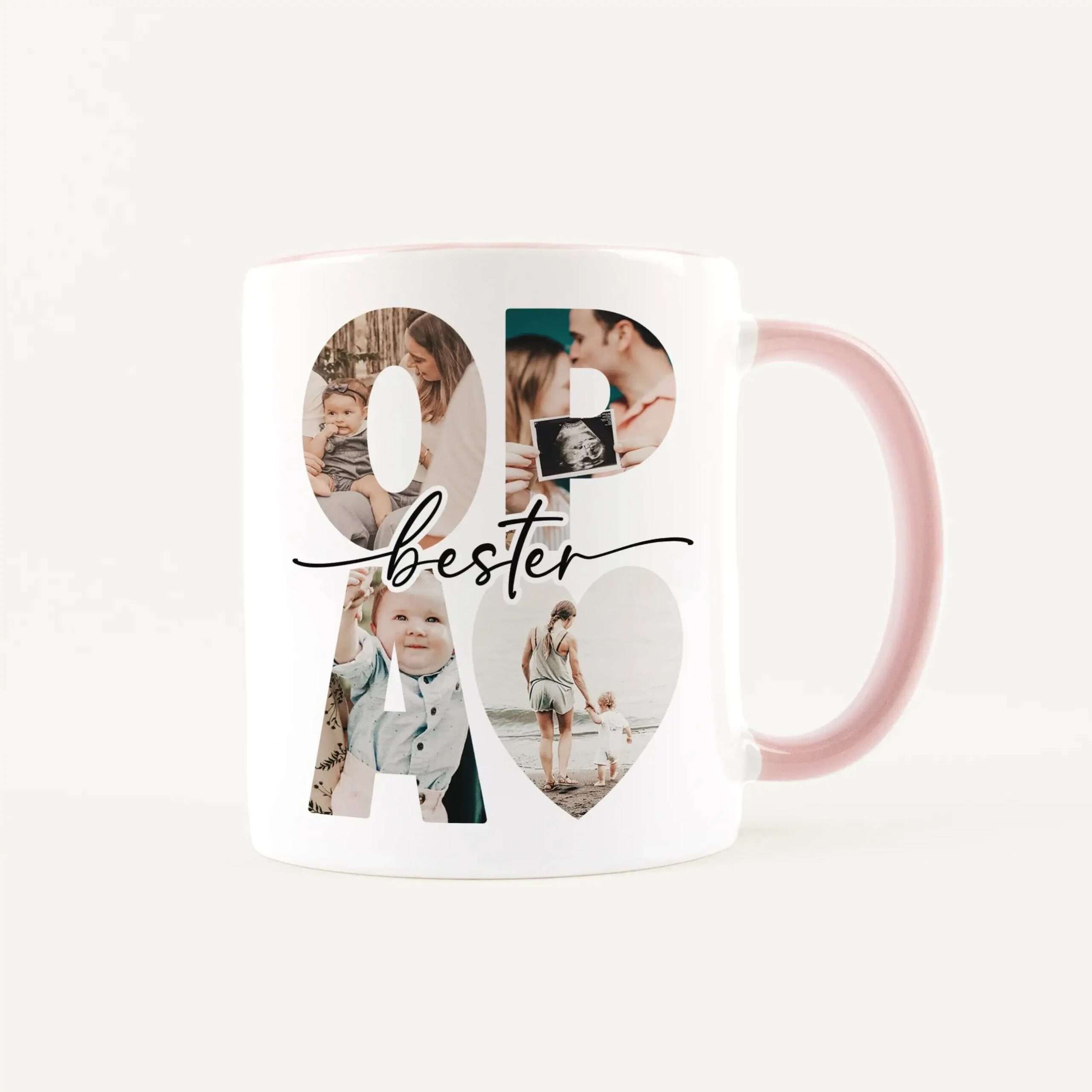 White ceramic mug featuring a collage of family photos forming the word 'best' on the front. The mug has a pink handle.