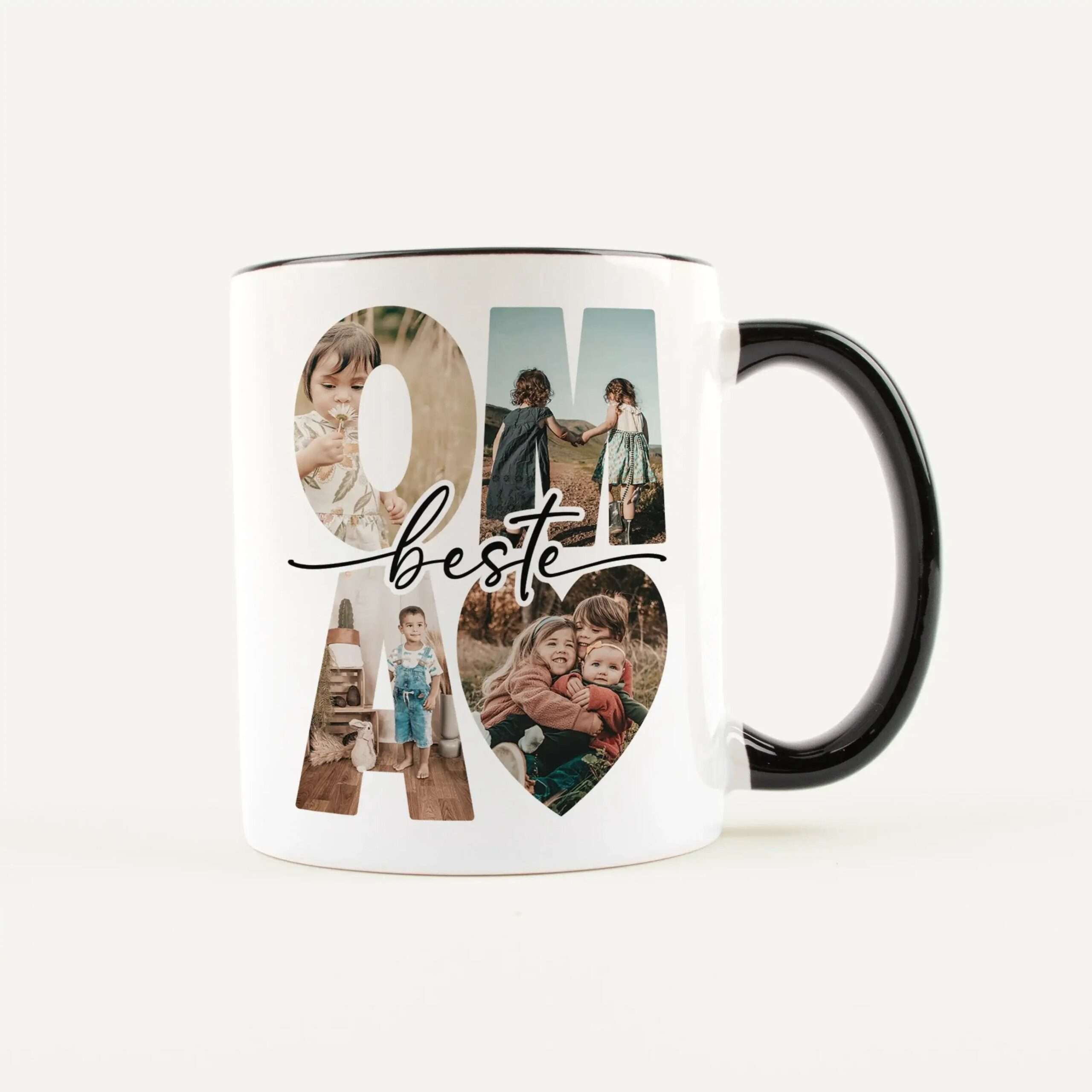 White ceramic mug featuring a photo collage arranged to spell the word 'best', with a black handle visible on the right side.