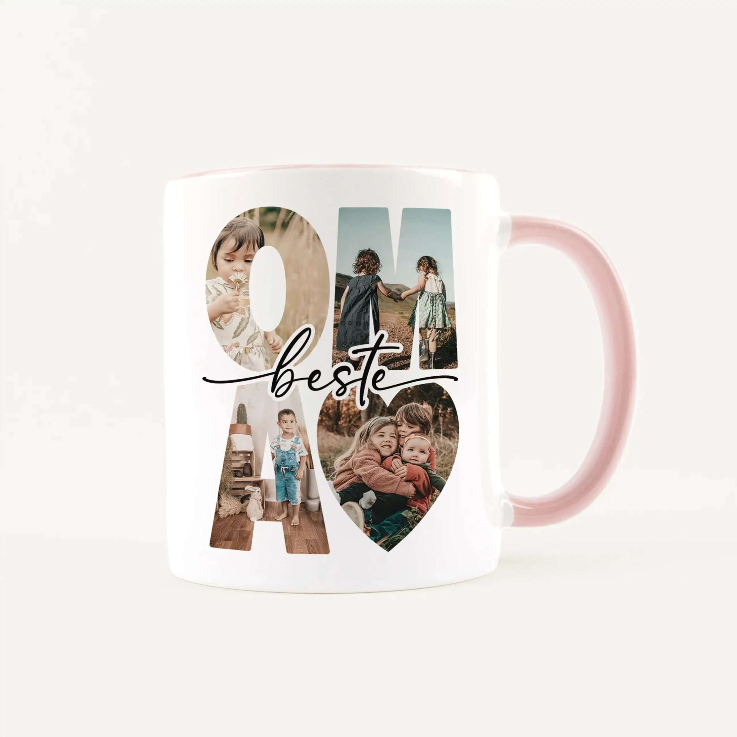 White mug with a photo collage forming the word 'best' and pictures of children inside the letters.