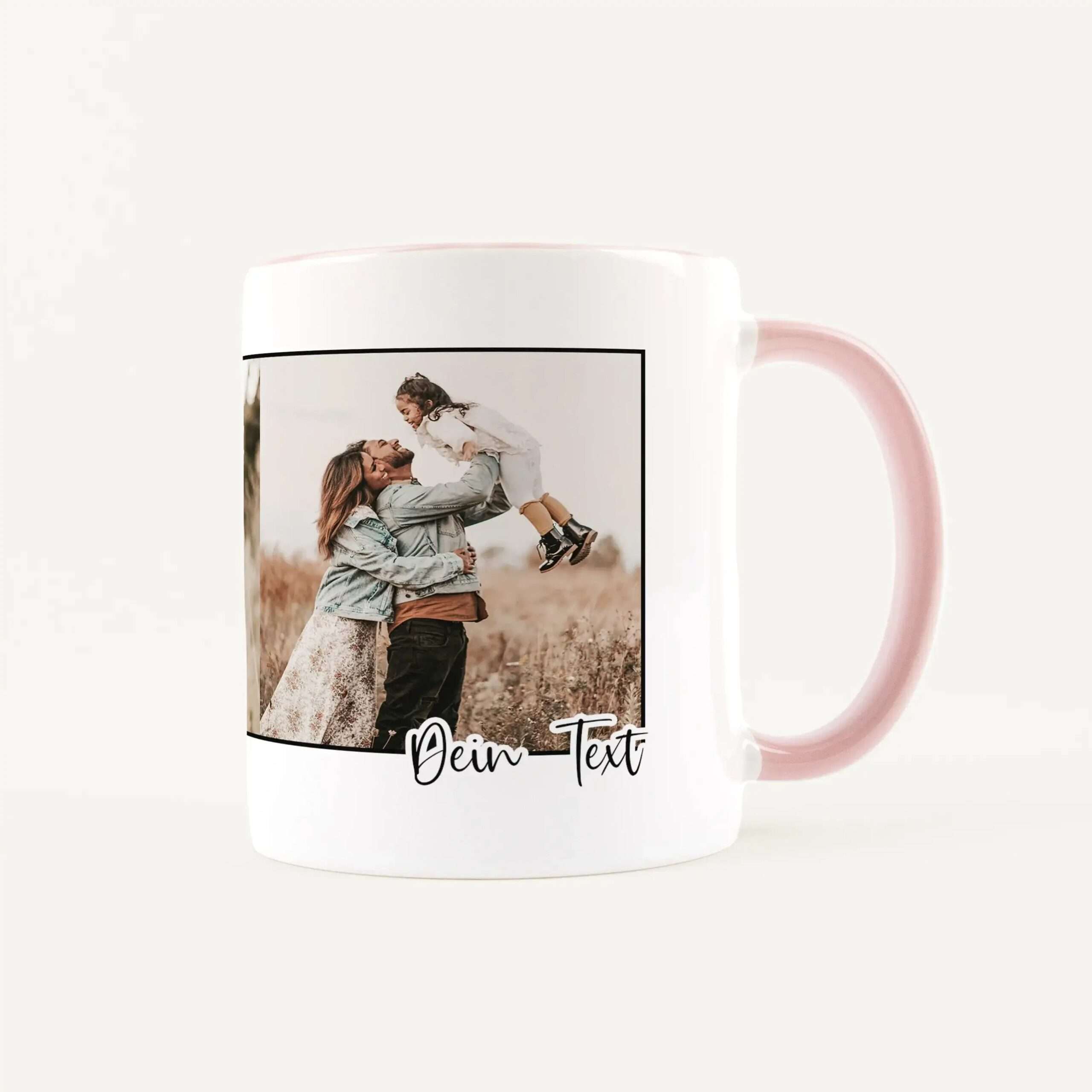 White mug with a vertical photo of a family and the placeholder text Dein Text at the bottom (customizable).