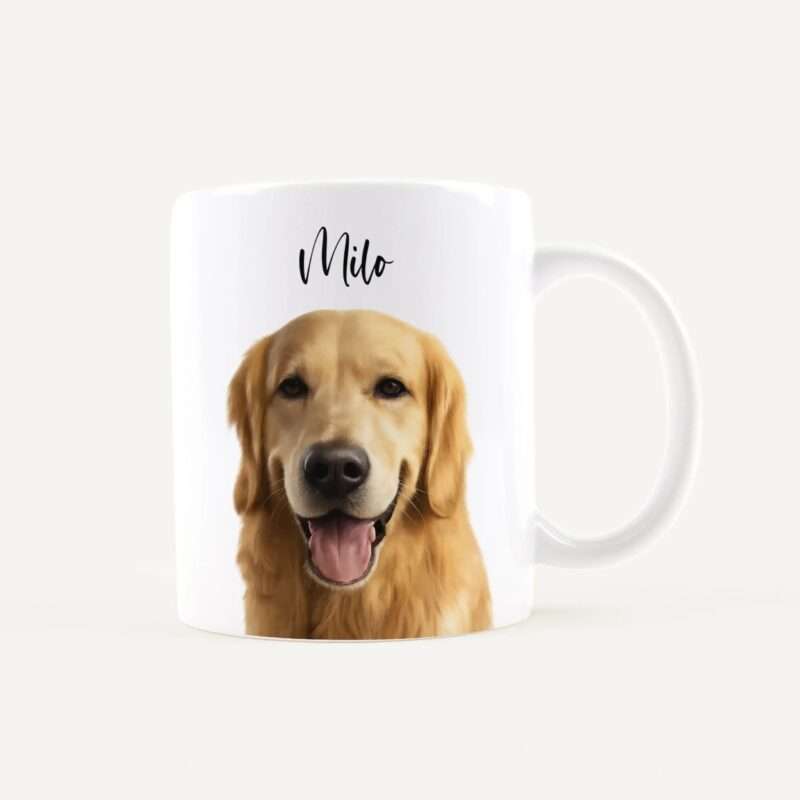 White mug featuring a golden retriever portrait and the name Milo in cursive text on the side.