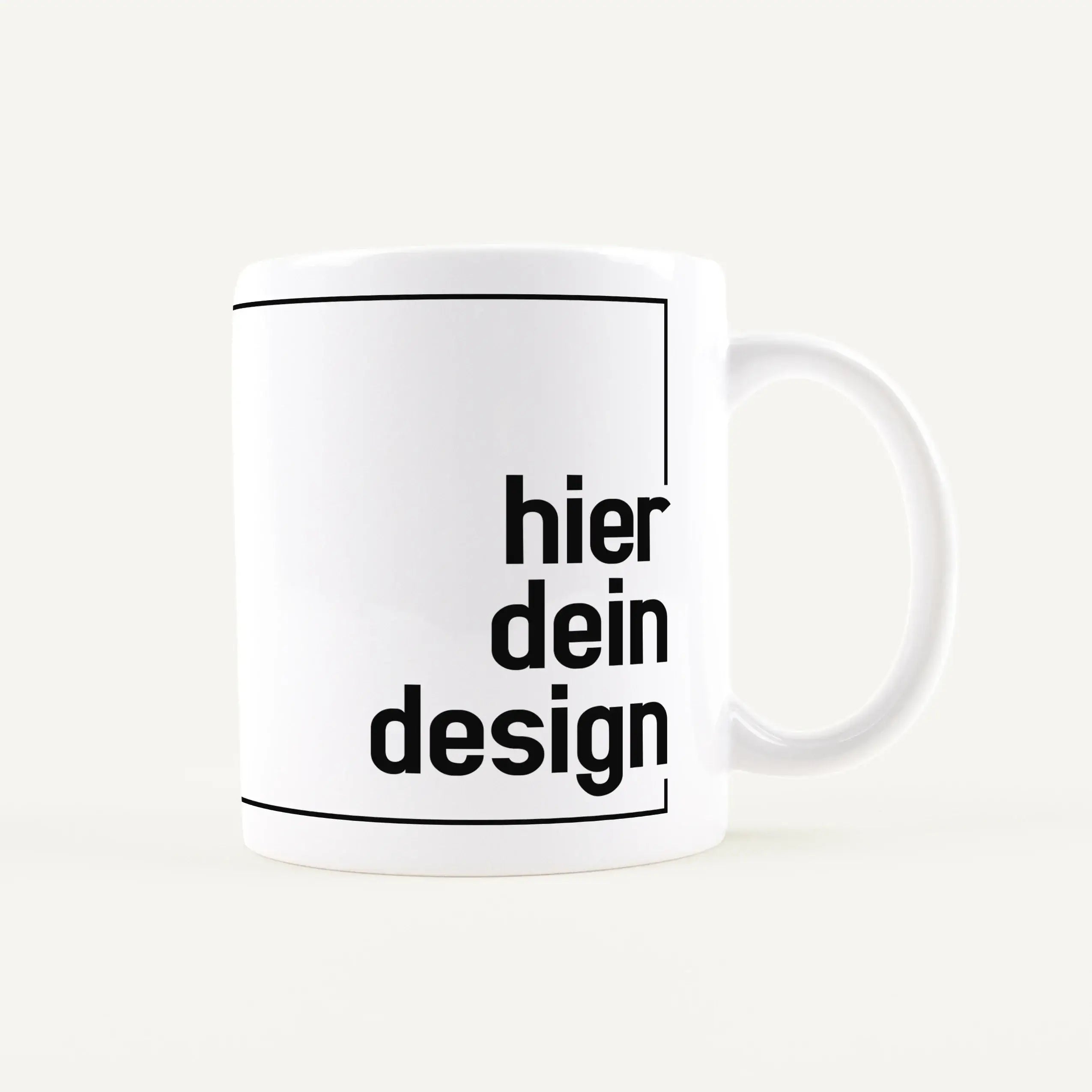 White ceramic mug with black typography, showing the word 'design' in bold letters, cropped on the right side.