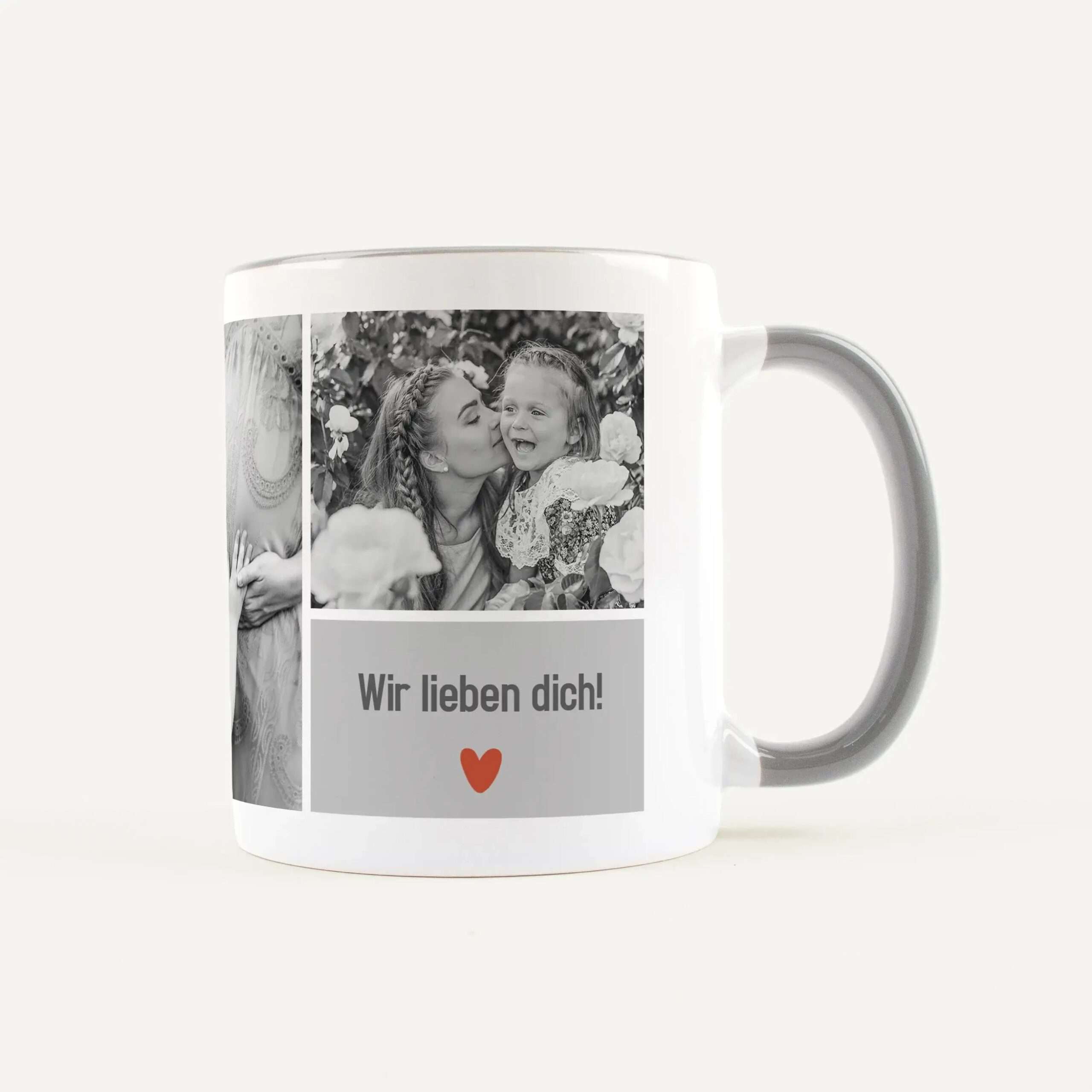 White mug featuring a black-and-white photo collage and a 'Wir lieben dich!' message with a small red heart.