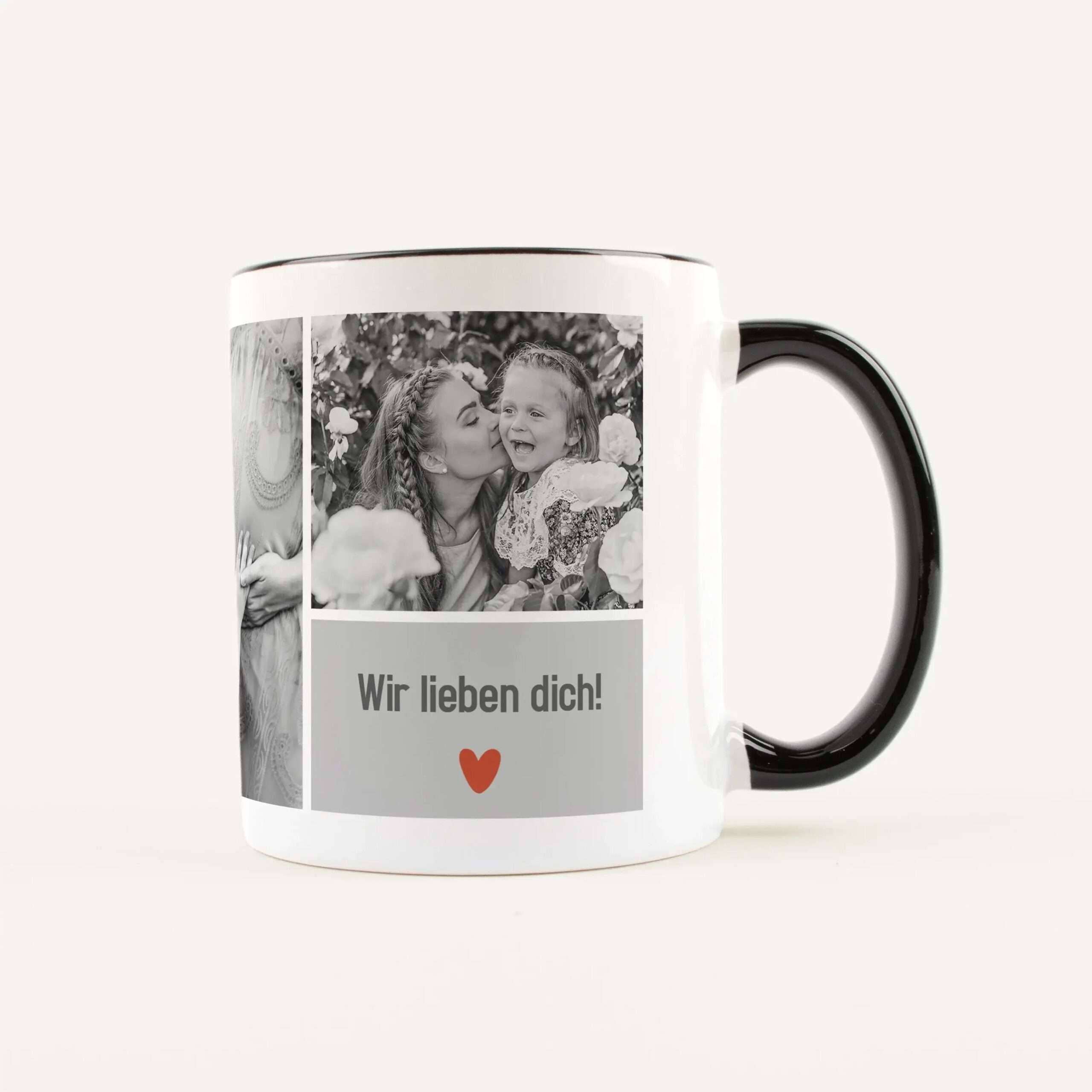 White ceramic mug with a photo collage wrap and the German phrase 'Wir lieben dich!' with a red heart at the bottom, seen from the side against a light background.