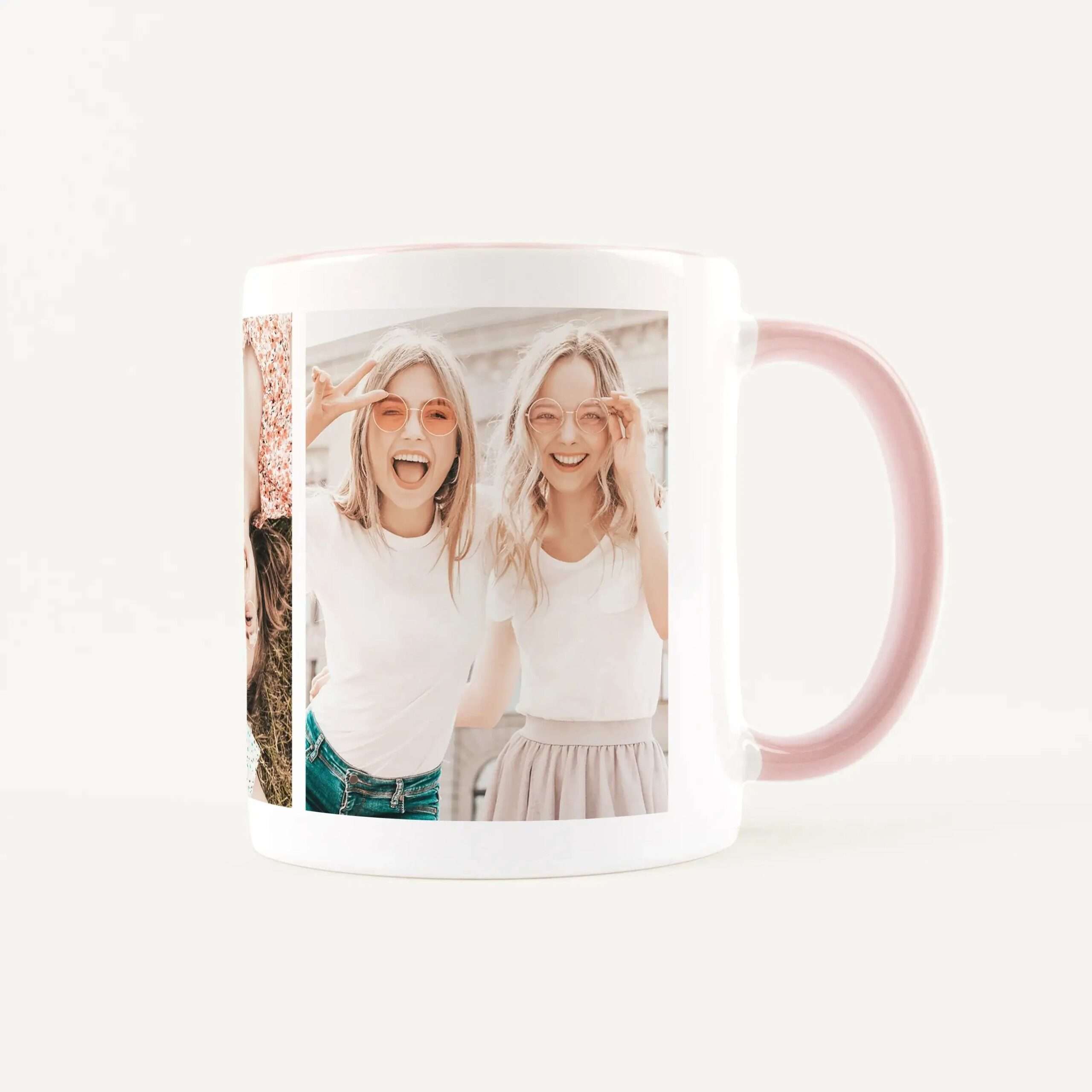 White mug showing a photo collage of two smiling friends wearing sunglasses on its side.