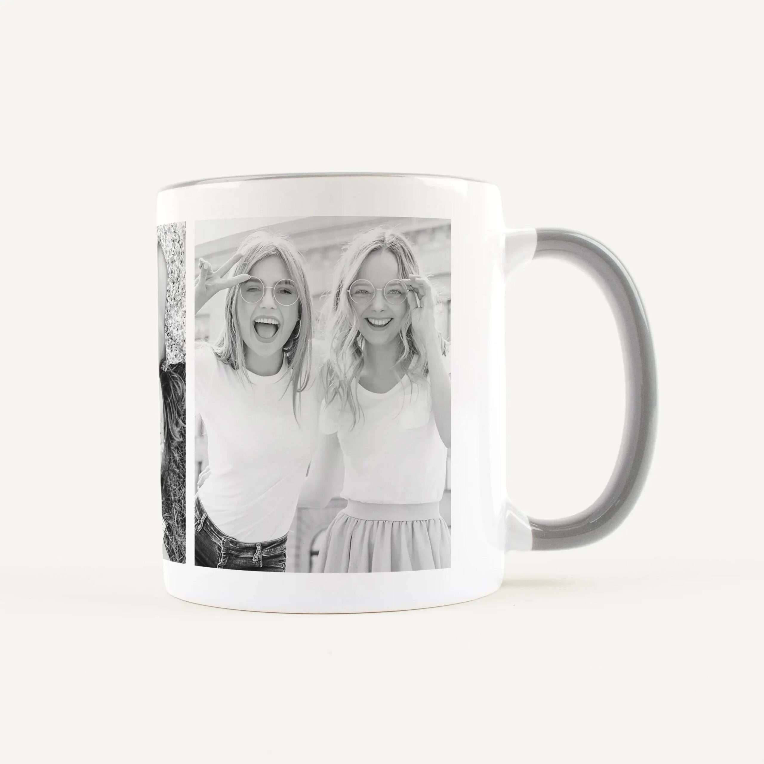 White ceramic mug with a black-and-white photo collage of two smiling girls making peace signs