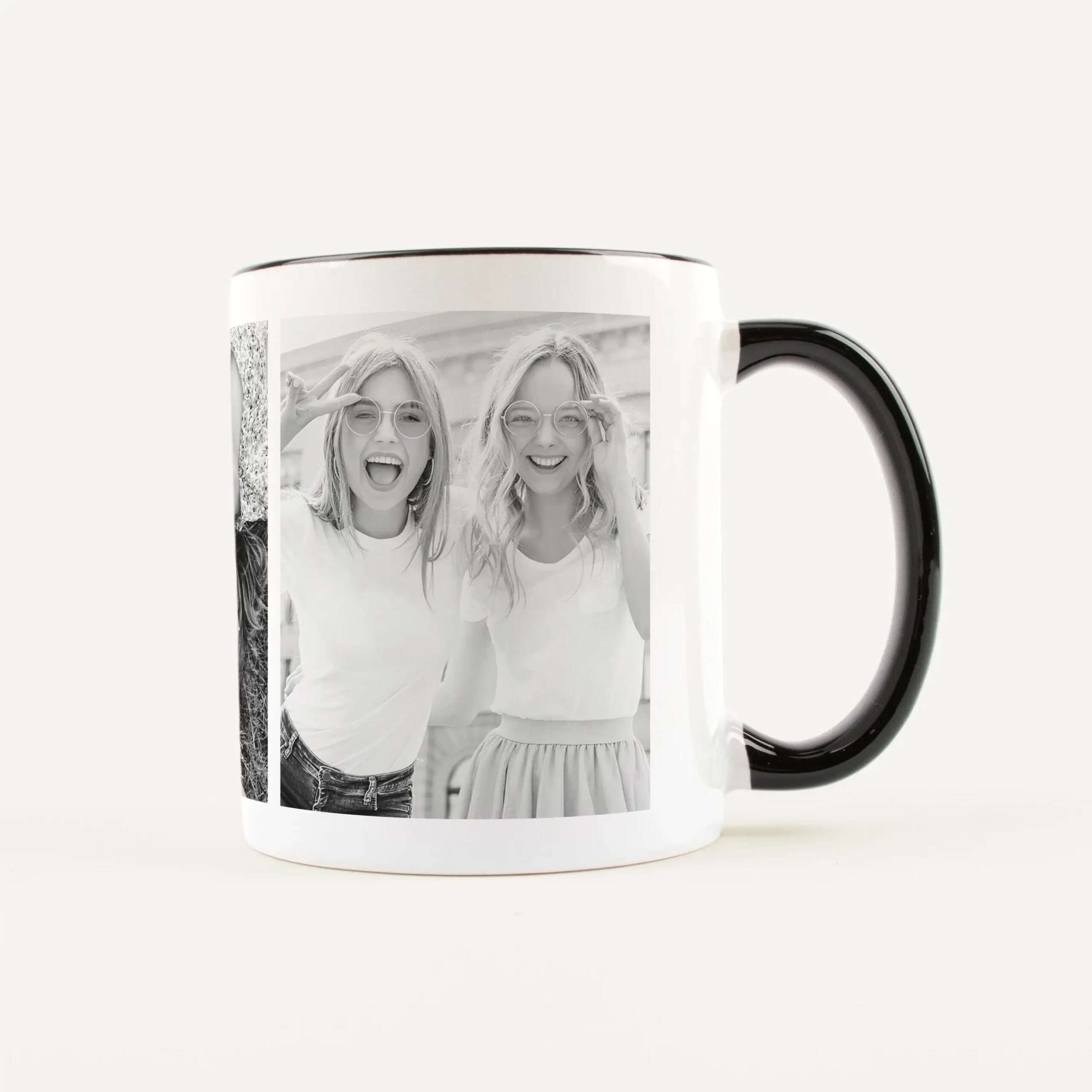 White mug printed with a black-and-white photo collage of two smiling women wearing glasses.