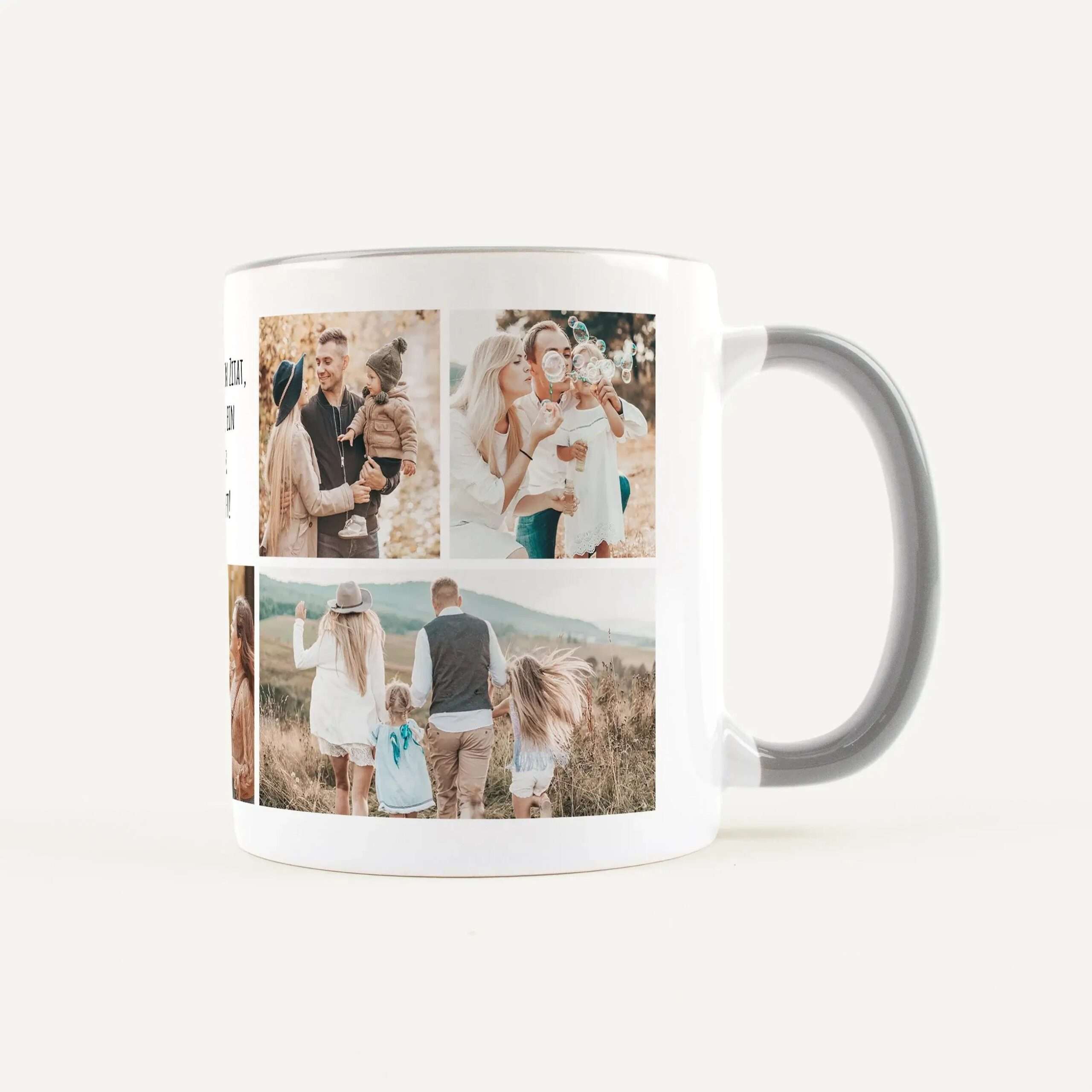 White ceramic mug with a collage of family photos printed on the side, showing parents and kids outdoors.