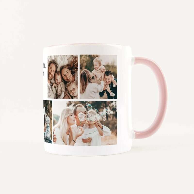 Mug with a collage of family photos showing smiling adults and children.