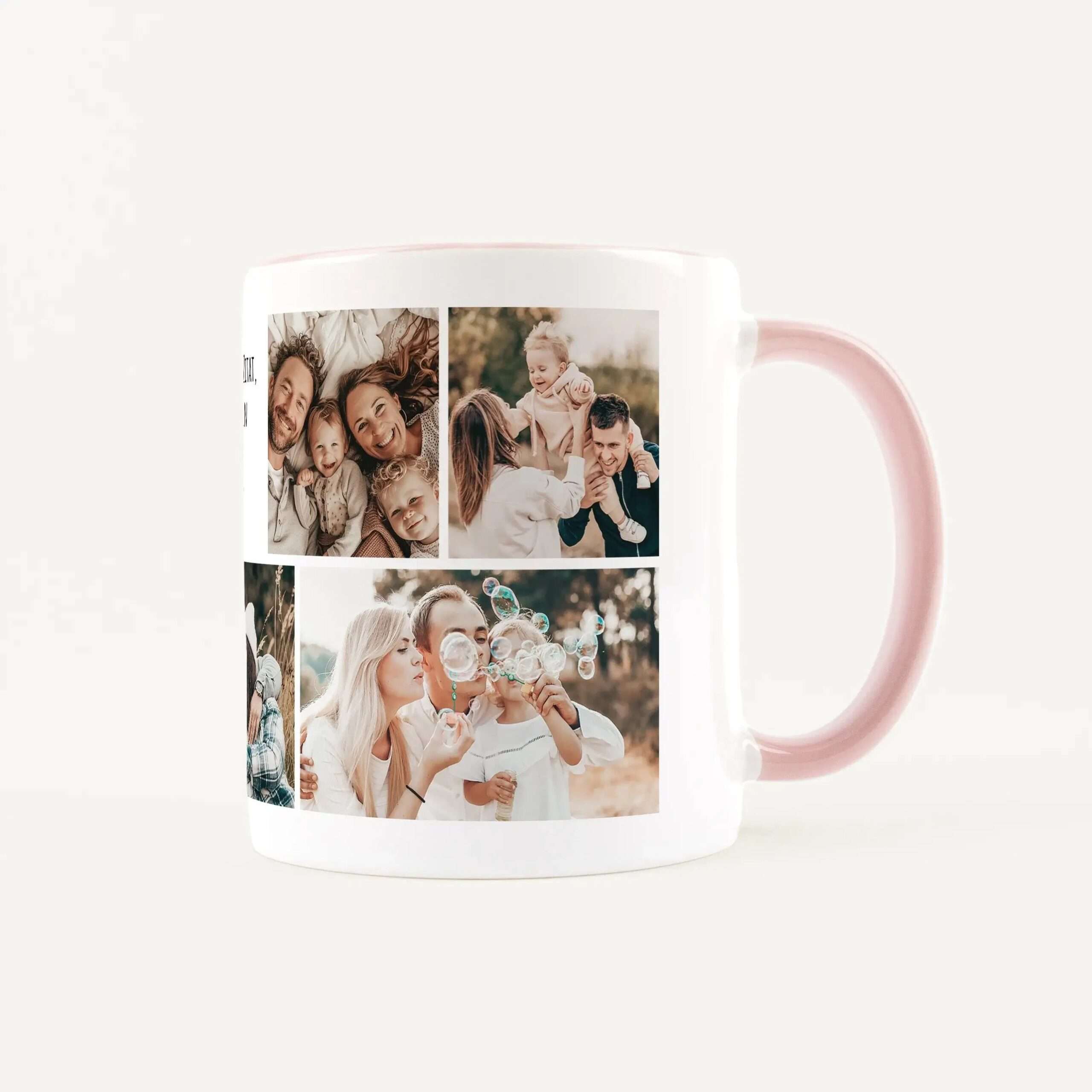 Mug with a collage of family photos showing smiling adults and children.