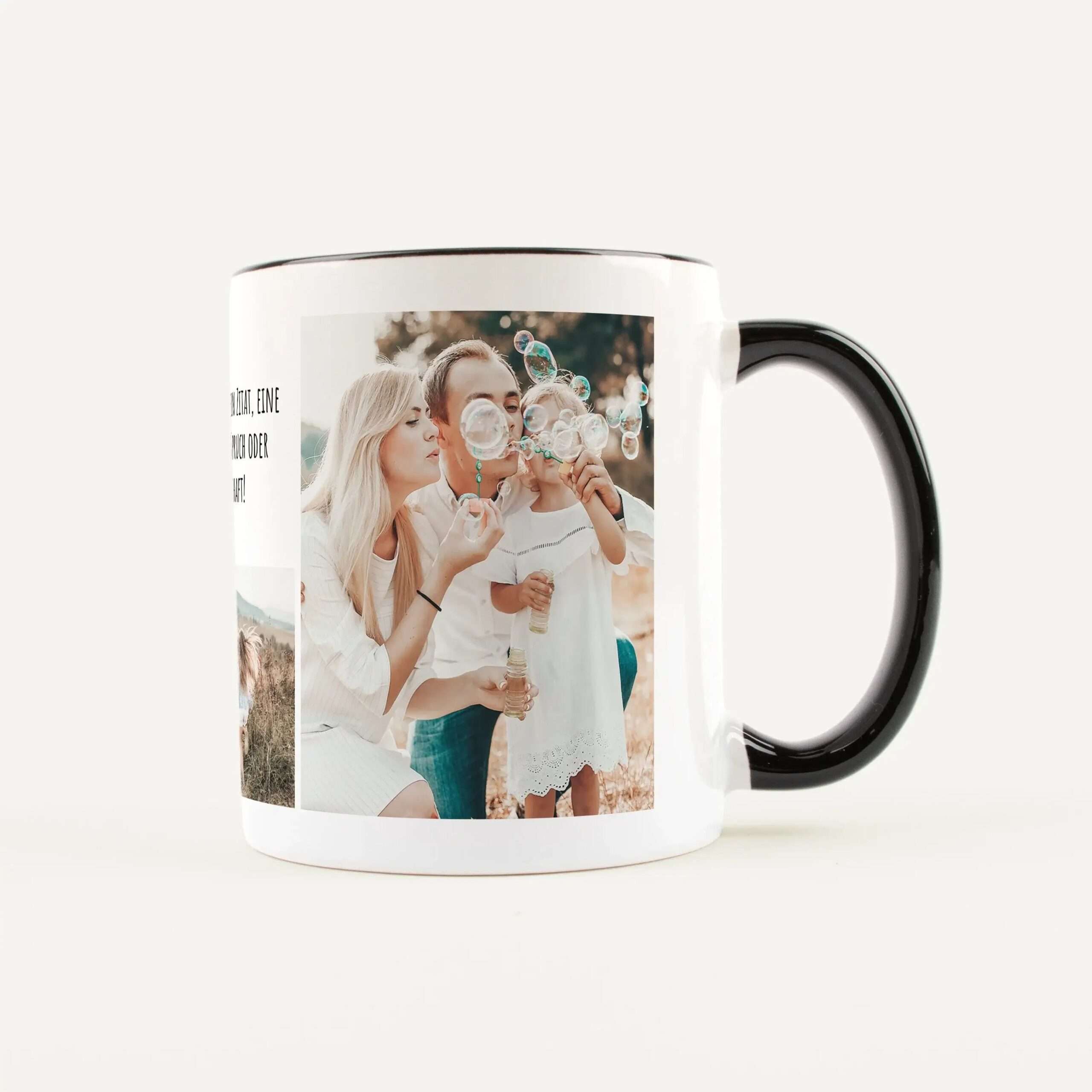 White ceramic mug with a four-panel photo collage wrapped around the body showing people blowing bubbles outdoors