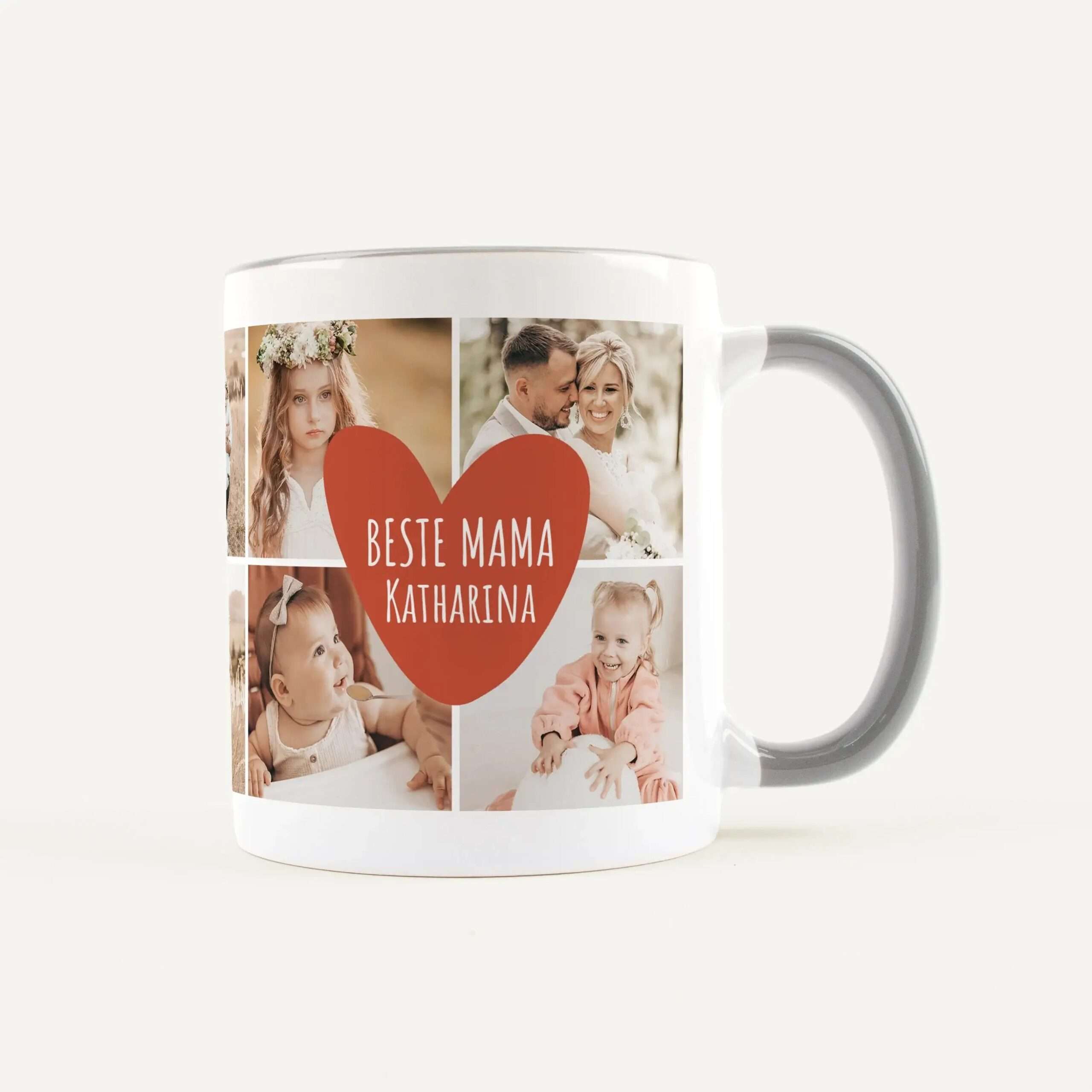 White ceramic mug with a photo collage and a large red heart reading 'BESTE MAMA KATHARINA'.