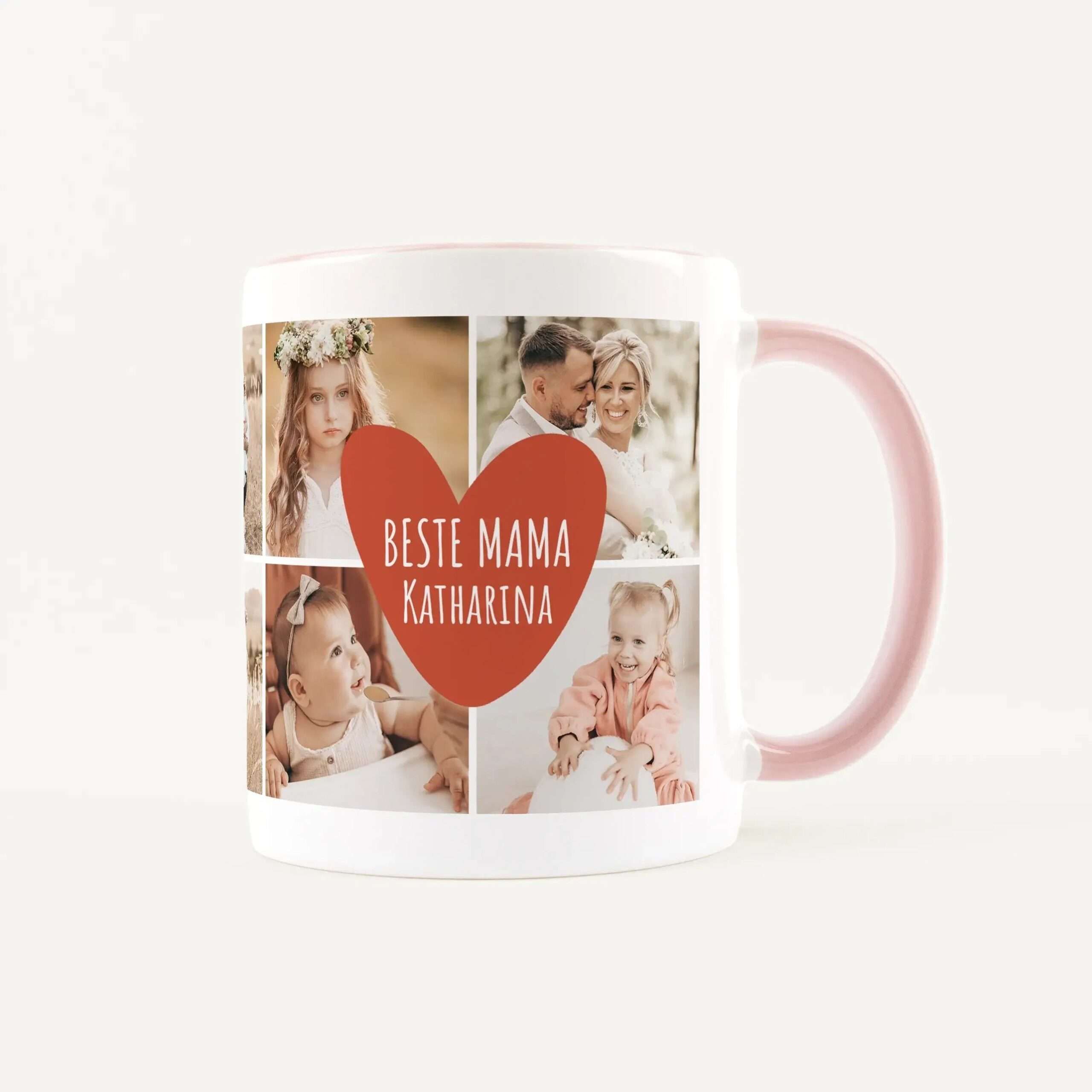 Ceramic mug with a collage of family photos and a red heart displaying the text 'BESTE MAMA KATHARINA'